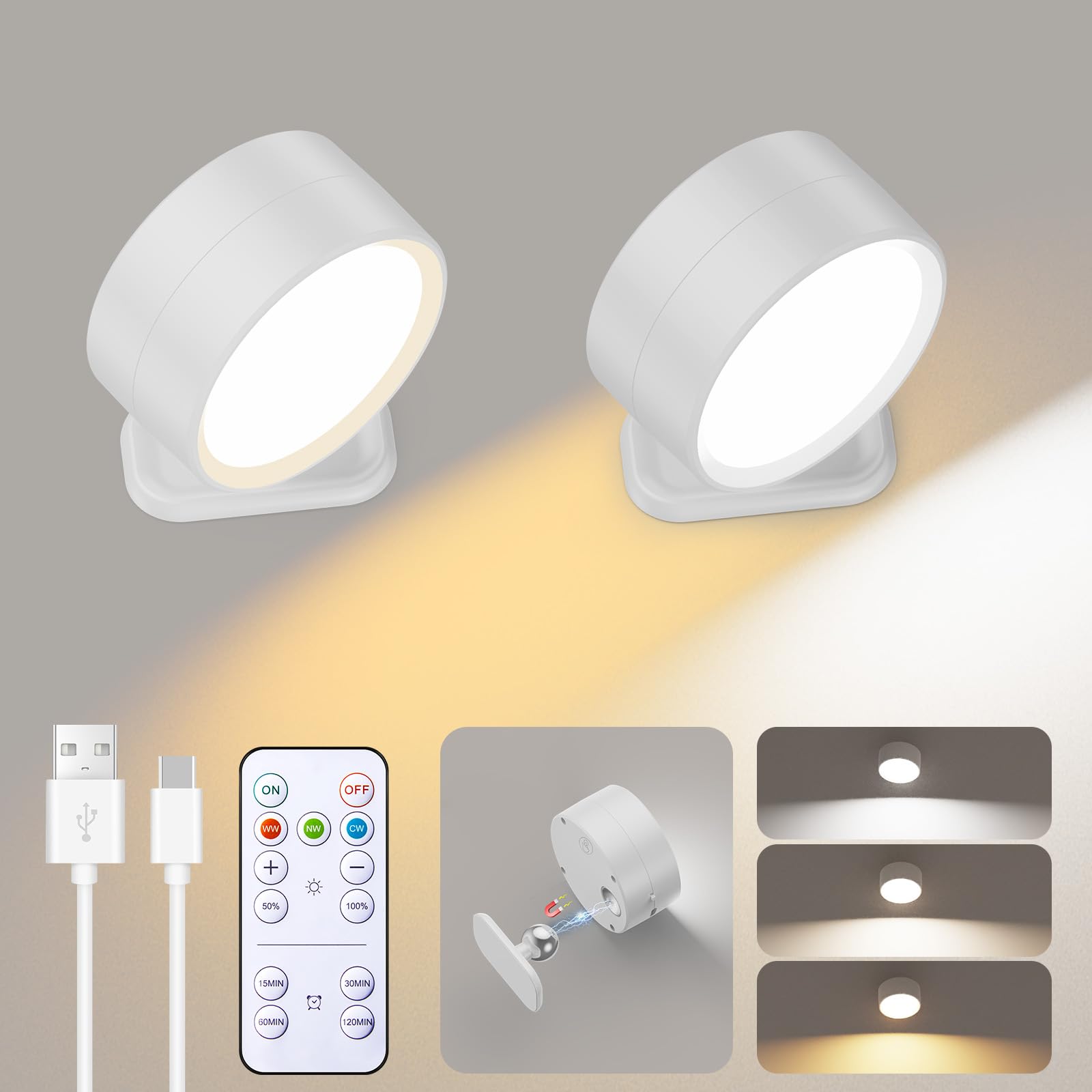 Brightown LED Wall Sconce Lights, 2 Pack, USB Rechargeable, Dimmable, 3 Lighting Colors, White, Model W001
