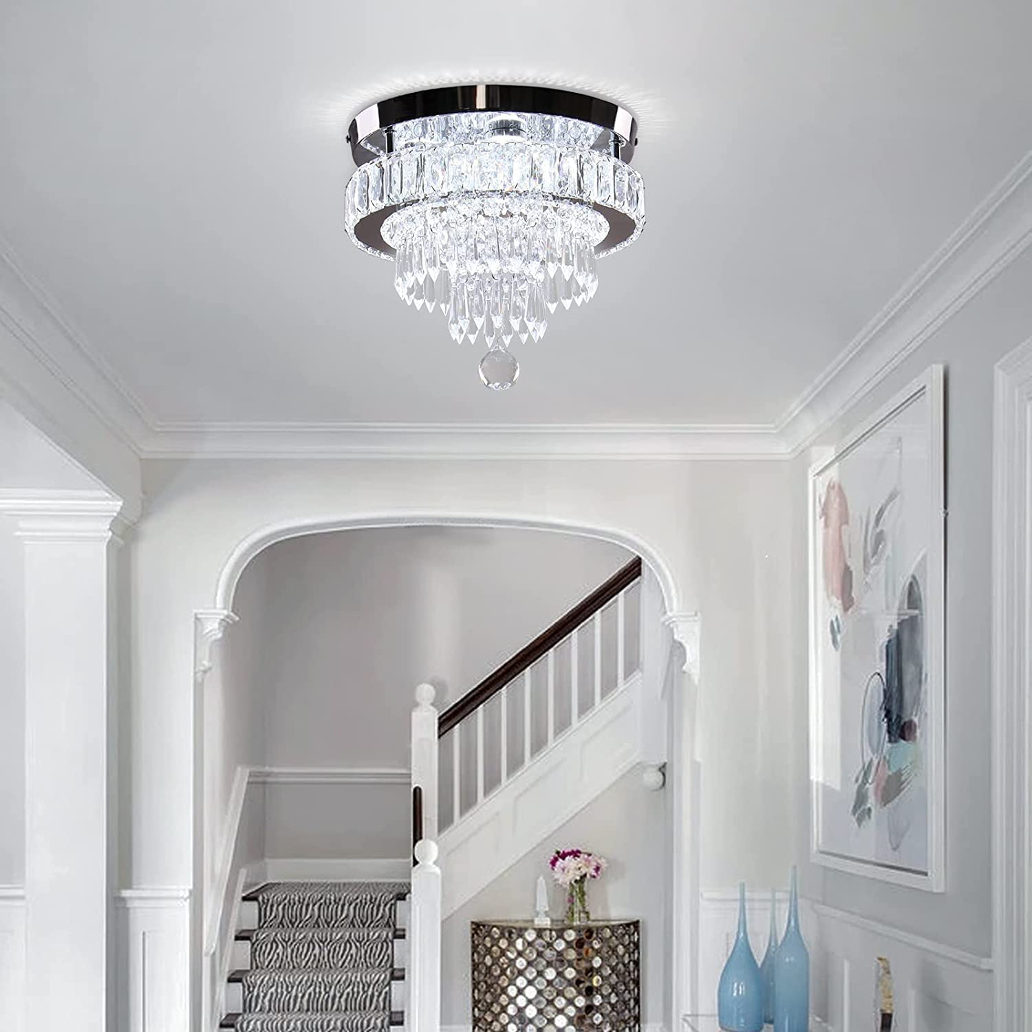 Cainjiazh Crystal Chandelier - 11.8" Dimmable Flush Mount Ceiling Light, Stainless Steel & LED, Remote Control, Ideal for Dining Room & Living Room