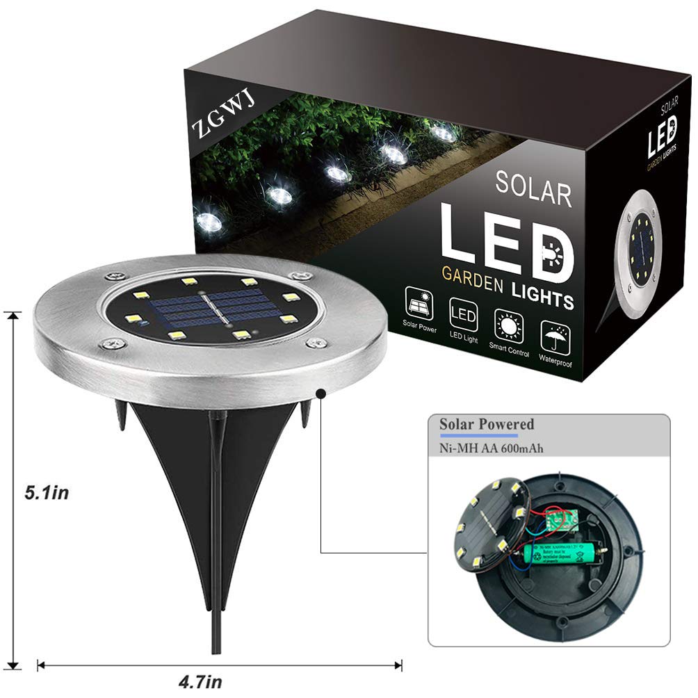 ZGWJ Solar Ground Lights, 8 LED Disk Lights, Stainless Steel, White Light, 8 Pack, Model DMD8PACK