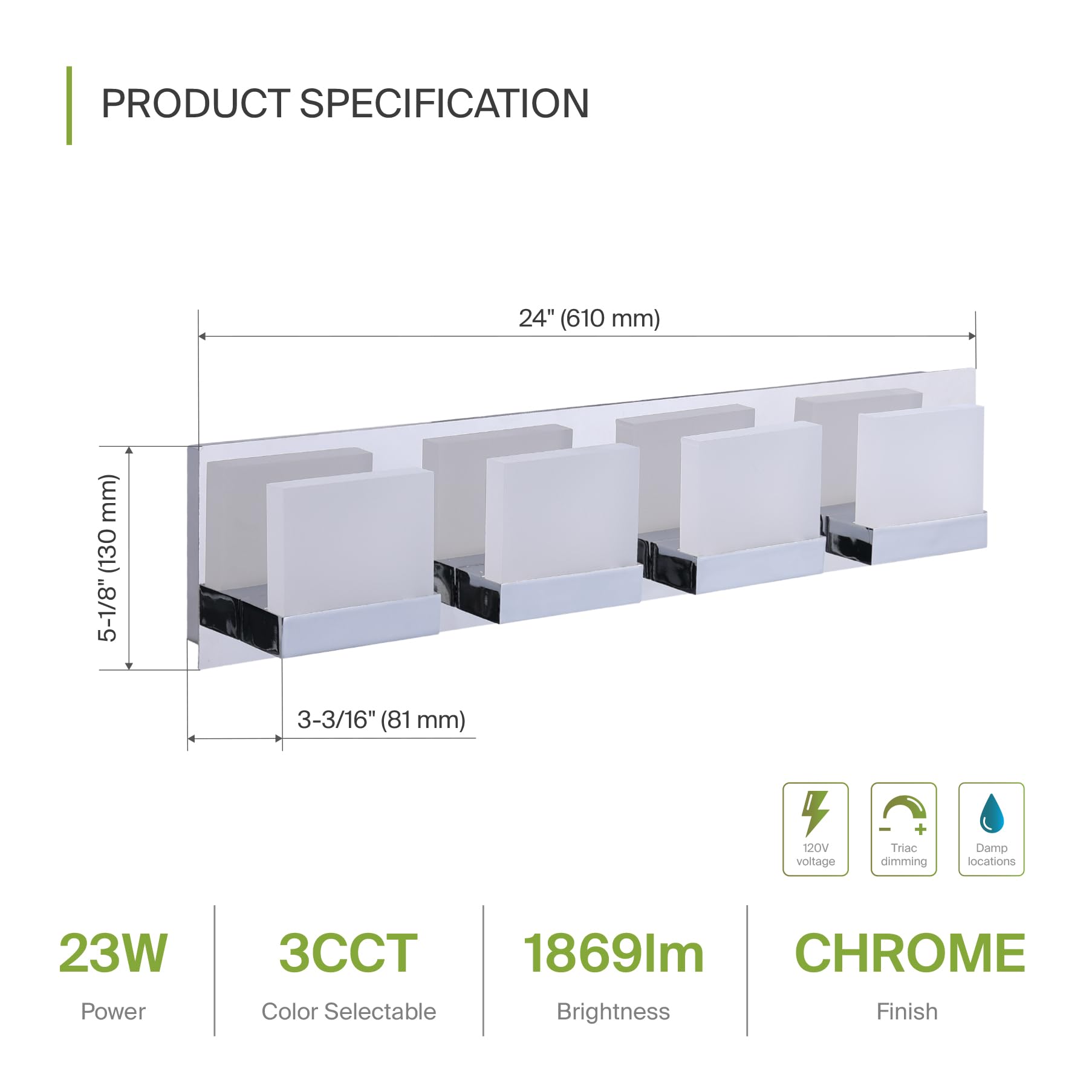 ASD LED Bathroom Vanity Light Fixture 4-Lights 23W 1300LM 3000-5000K Chrome A-LVF24M-4D23CC