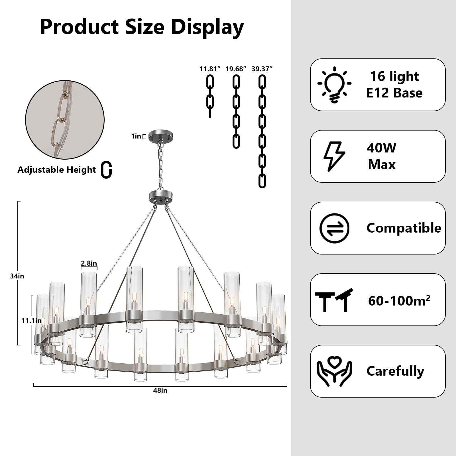 Yiosi Modern Chandelier,Wagon 16-Lights Wheel Chandelier With Glass Shade, Nickel 48 Inch Large Round Industrial High Ceilings P