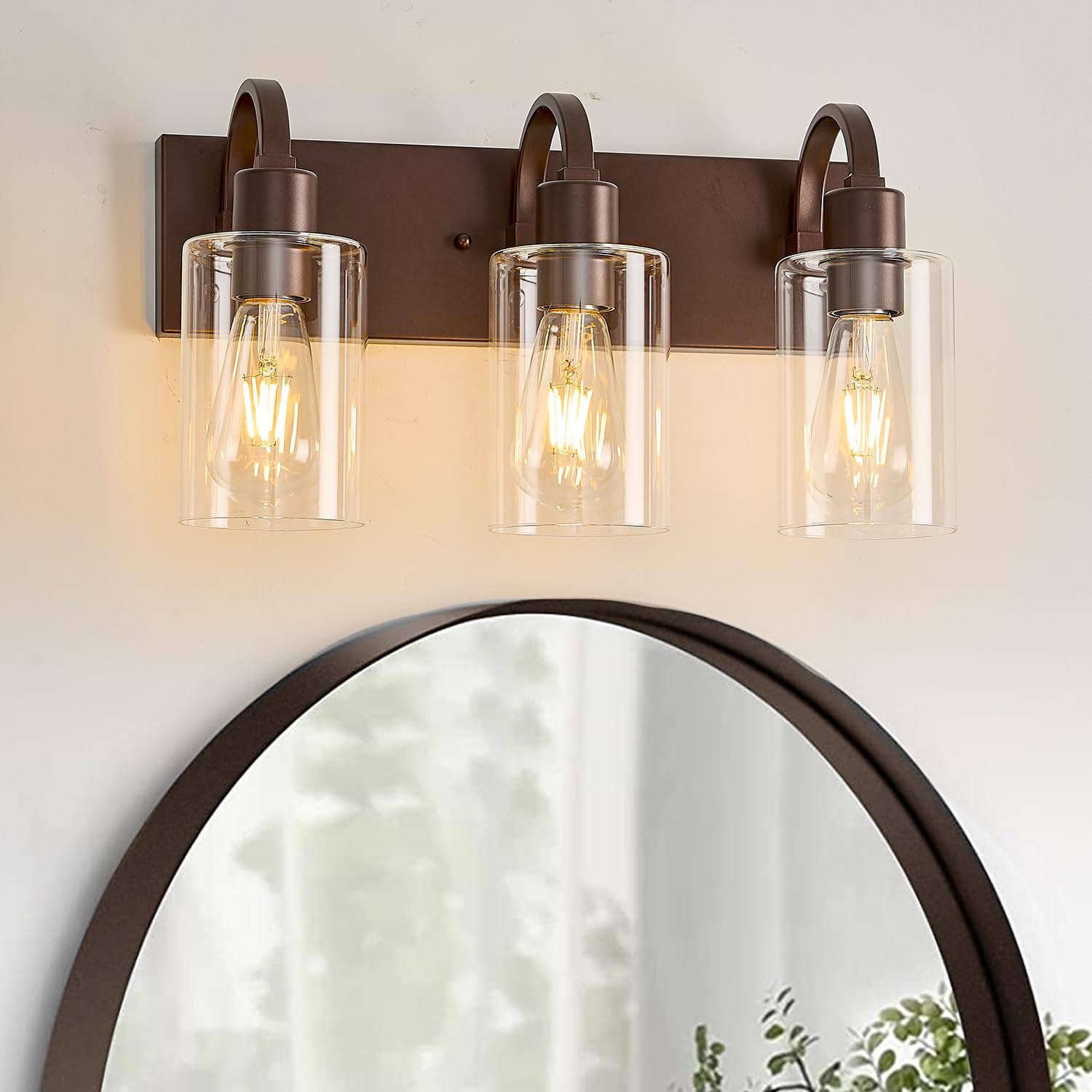 Refice Farmhouse Bathroom Vanity Lights, 3-Light, Oil Rubbed Bronze, Metal, Model FCW001-3-ORB, Clear Glass Shade Wall Sconces
