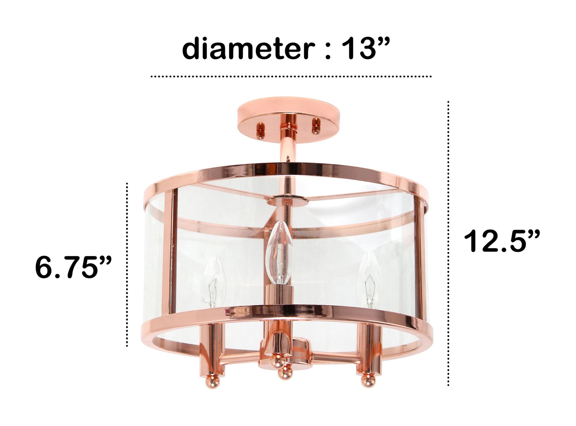 LALIA HOME 3-Light Semi-Flushmount Ceiling Light, Glass & Metallic Accents, 13in Rose Gold, Model 1270-LHM-1000-RG