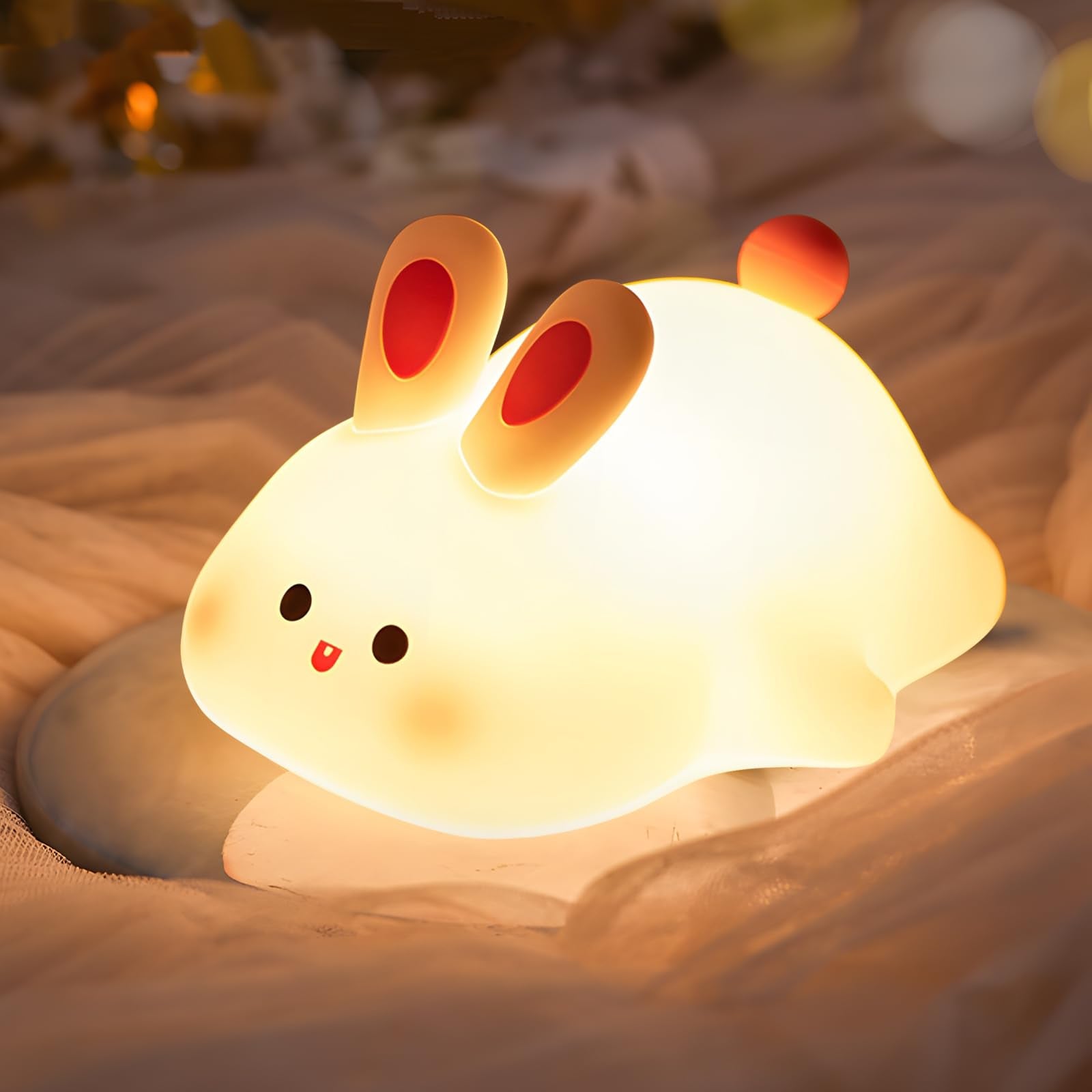 Hpydiy Cute Rabbit Night Light Squishy Animal Nightlamp Rechargerable Dimmable Nursery Bunny Lamp Soft Silicone Table Bedroom Lamp Portable Adjustable Lighting Bedroom Bedside Gift