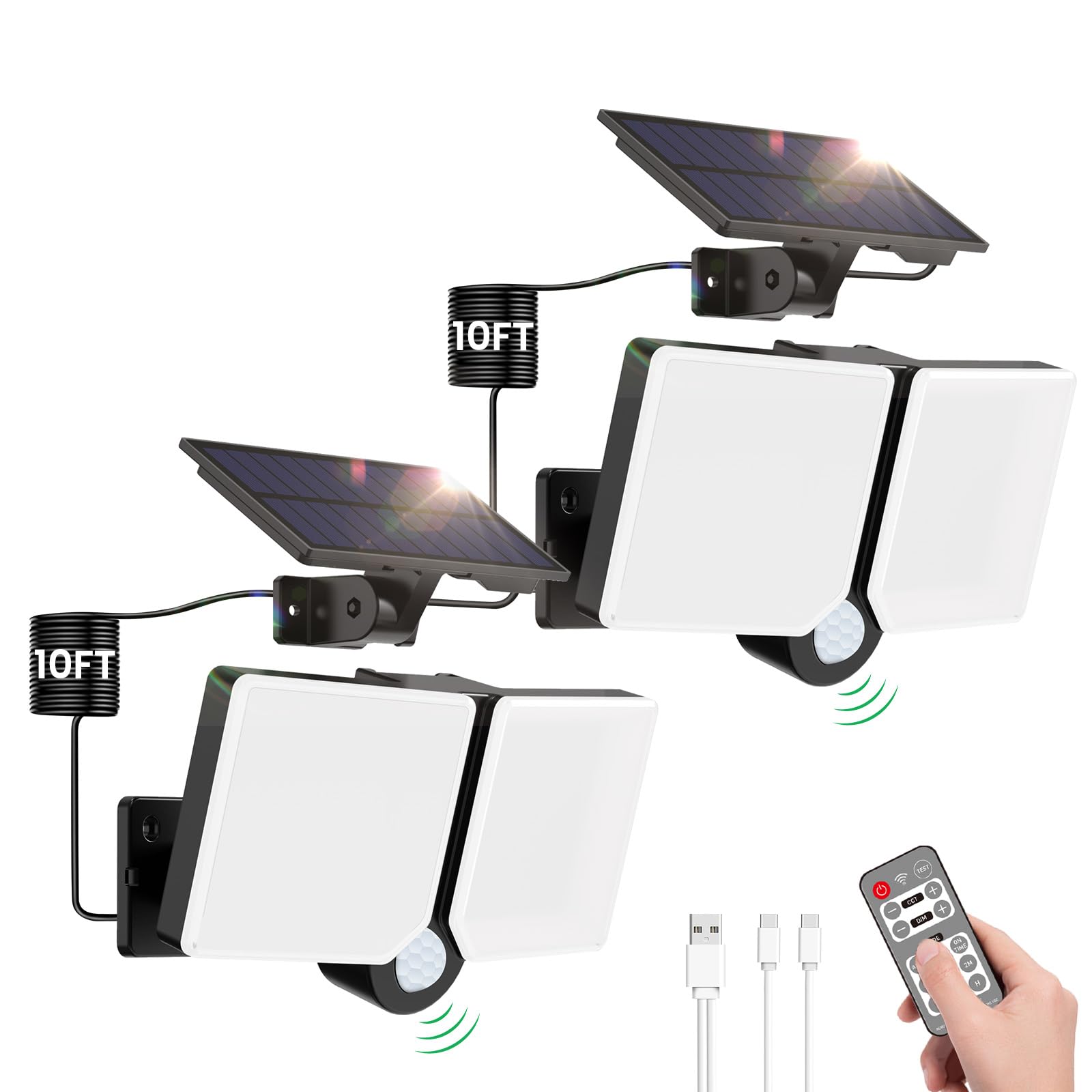 ALUSSO® Solar Lights Outdoor Security, Motion Sensor, Dimmable 3000K-6500K, 2 Pack, Black, Model OT04, Waterproof, Remote Control