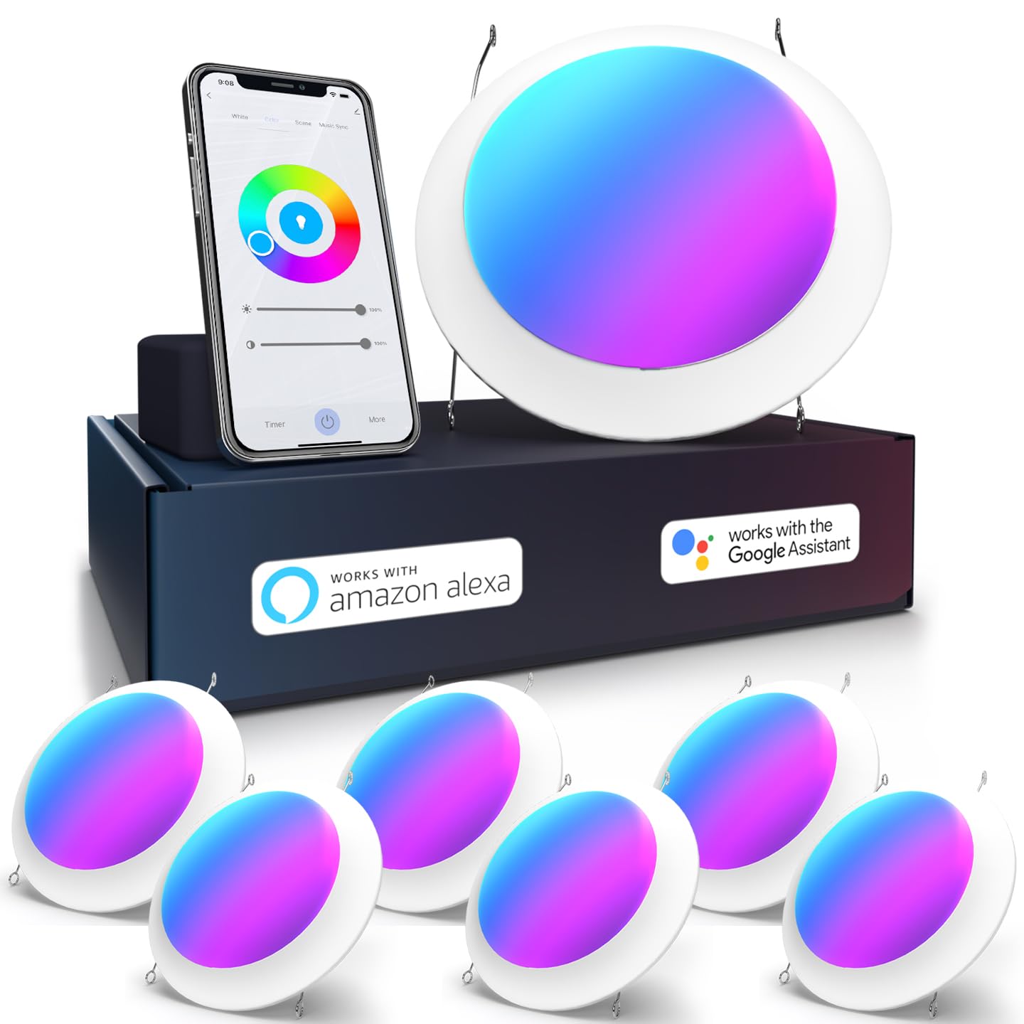 Sunco 6 Pack 5/6 Inch Smart Disk LED Flush Mount Ceiling Recessed Can Light for Living Room, Bedroom, App Controlled Compatible 