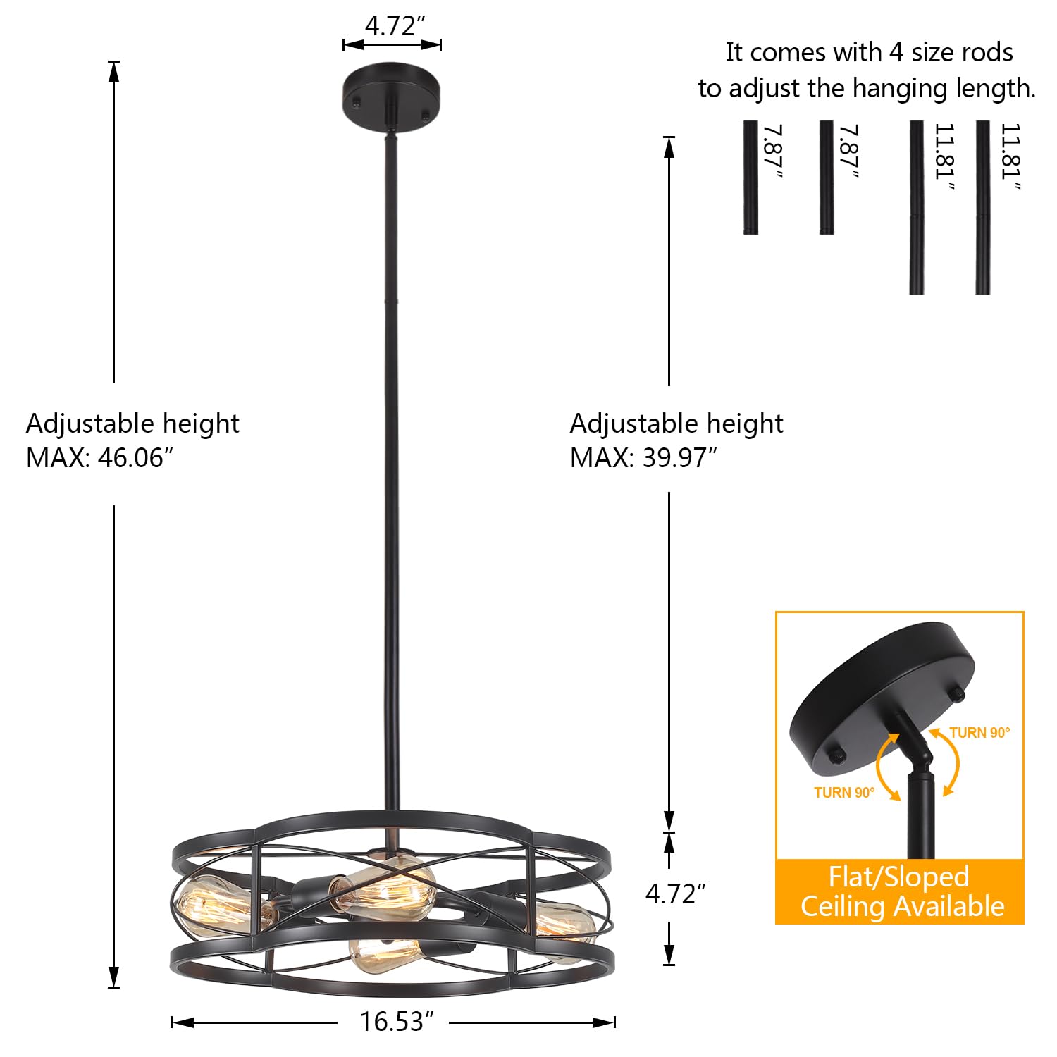 Black Semi Flush Mount Ceiling Lights  Sloped Dining Room Light Fixture Farmhouse Chandelier  Kitchen Island Pendant Lighting Adjustable Height For Entryway Hallway Foyer