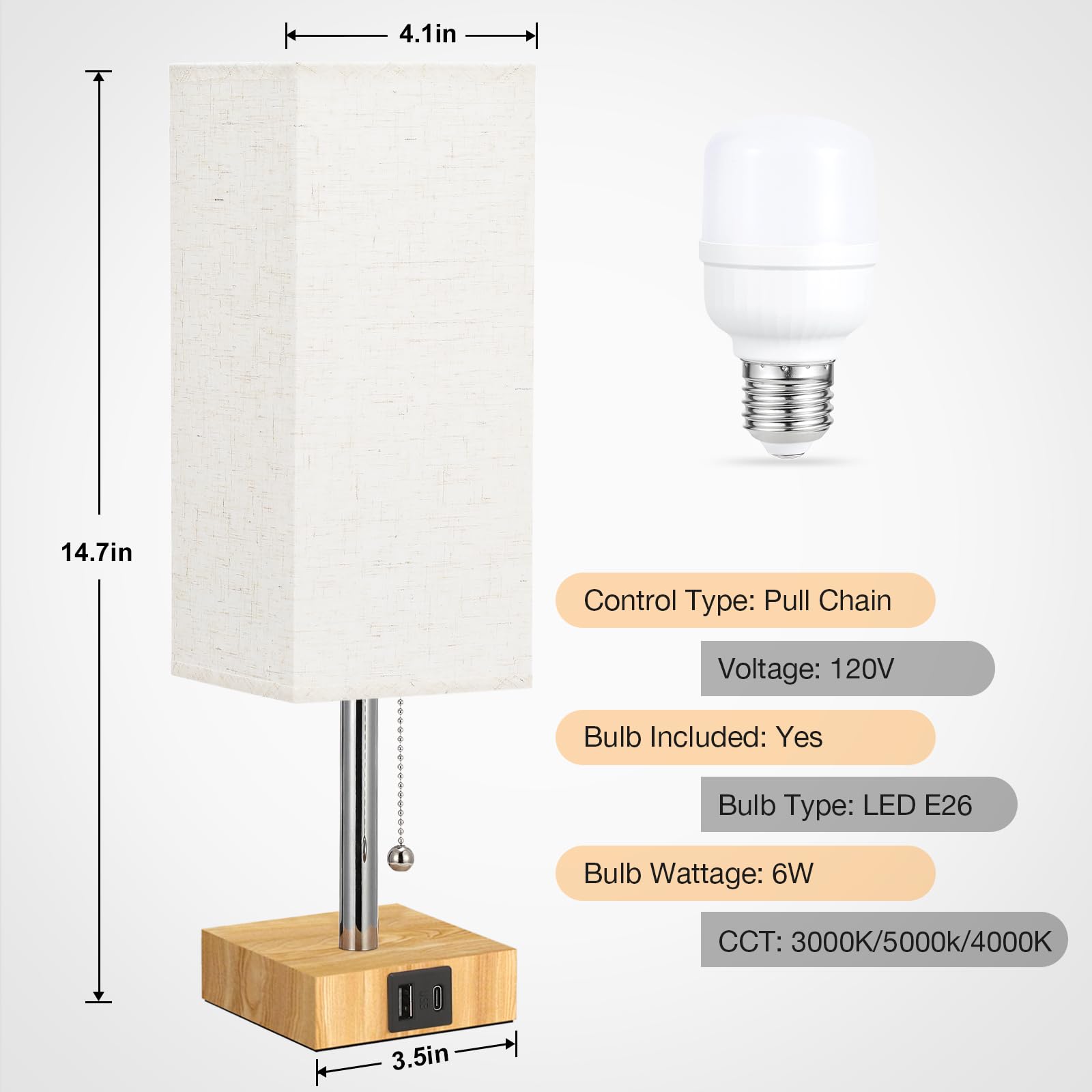 aooshine Beige Small Table Lamp - 3 Color Temperatures, USB Ports, Wood-Grain Base, 14.3in, Model S10-17