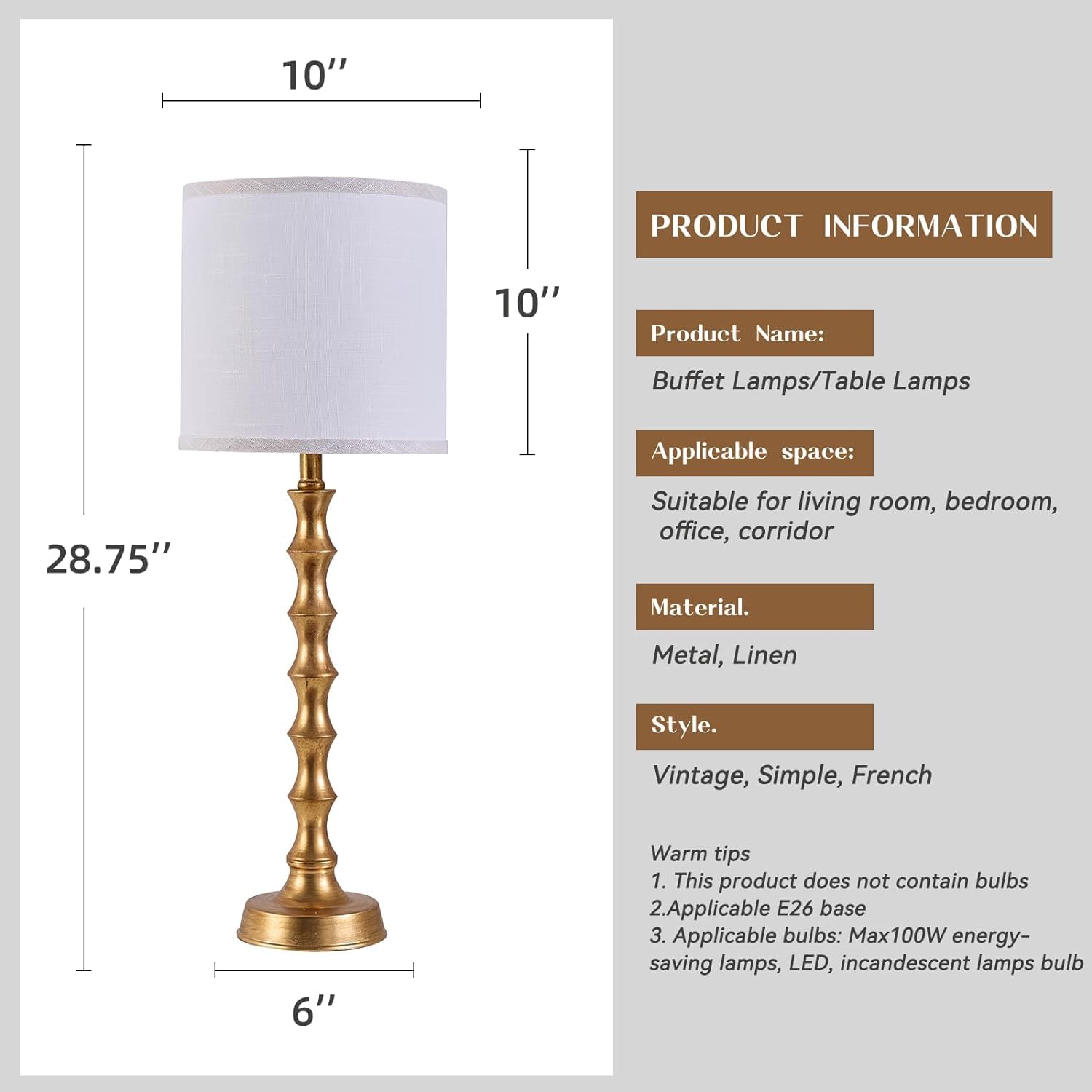 HGNPJC Gold Table Lamp Set of 2, 29" Rustic Metal Bamboo Design, White Linen Shade for Bedroom & Living Room