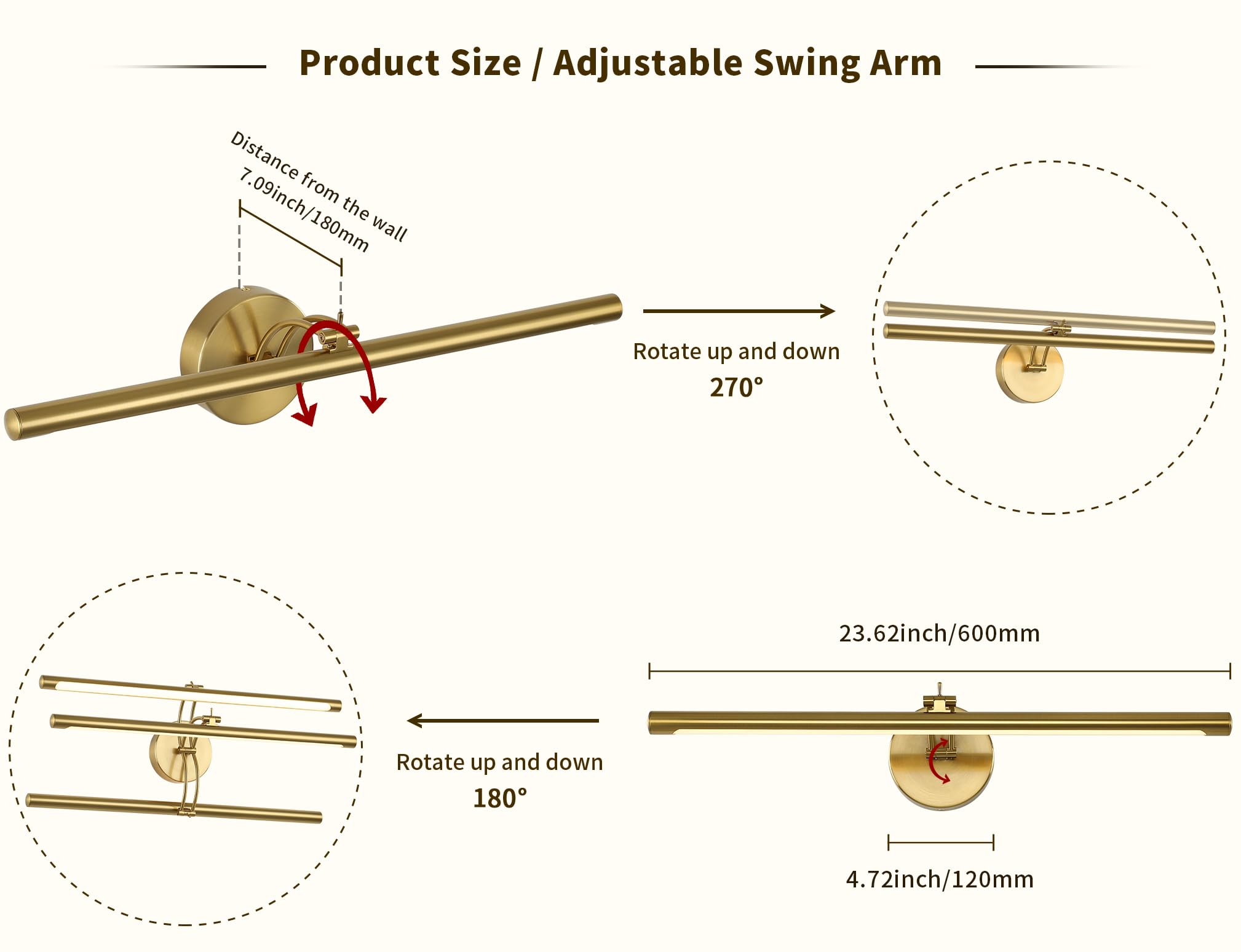 7Degobii Picture Light Dimmable Hard Wired 23.62 Inch Adjustable Swing Arm Brass Wall Lights For Pictures Led Display Light For