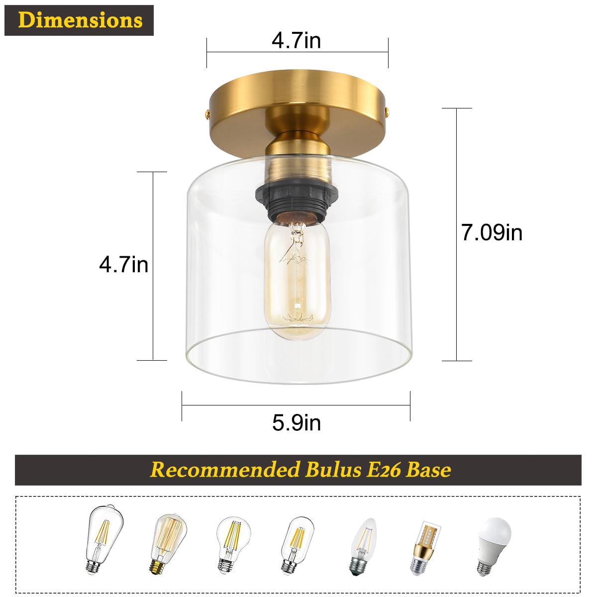 Deamakk Brass Modern Semi Flush Mount Ceiling Light, Gold Rustic Ceiling Light Fixture For Closet, Hallway, Kitchen, Hallway Lig