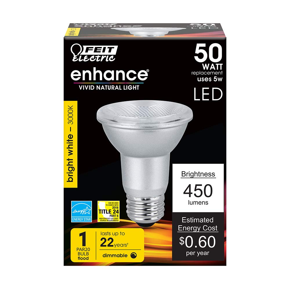 Feit Electric Par20 Led Bulbs, 50W Equivalent, Dimmable Spotlight Bulbs, 3000K Bright White, E26 Base, 90 Cri, 450 Lumen, 22-Yea