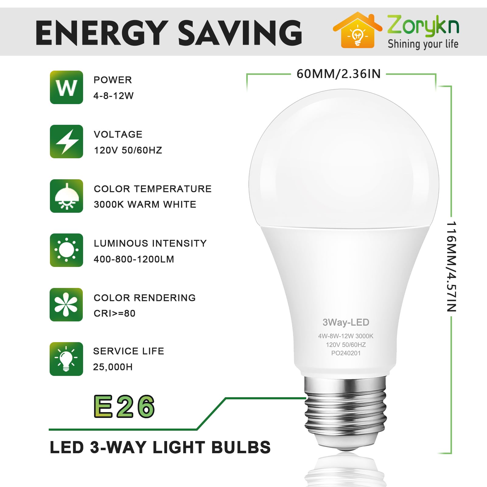 Zorykn 3 Way LED Bulbs 30/70/100W, Warm White 3000K, E26 Base, Energy Saving, 2 Pack