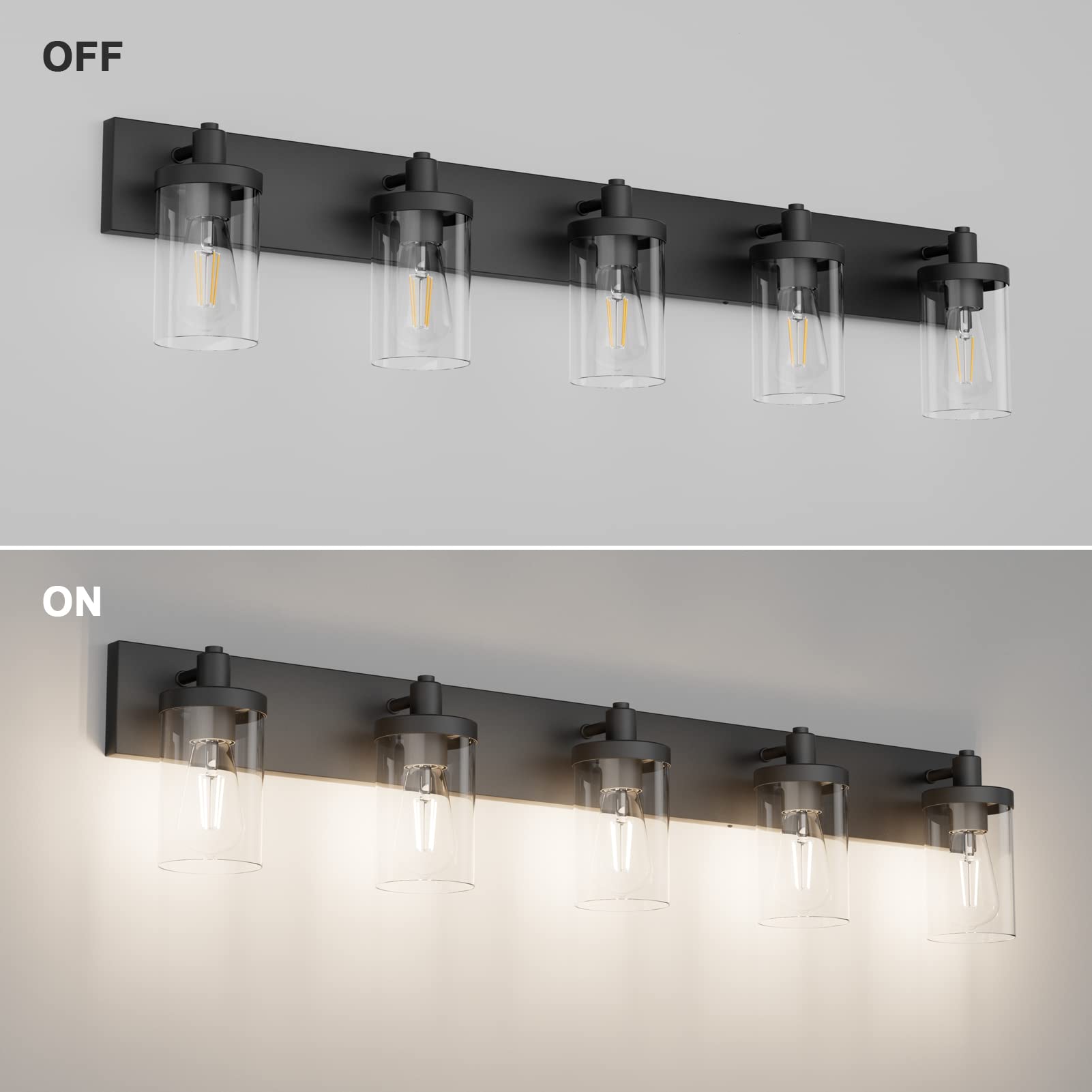Aipsun Matte Black Bathroom Vanity Light Fixtures 5 Lights Industrial Lighting Fixtures Over Mirror With Clear Glass Shade(Exclu