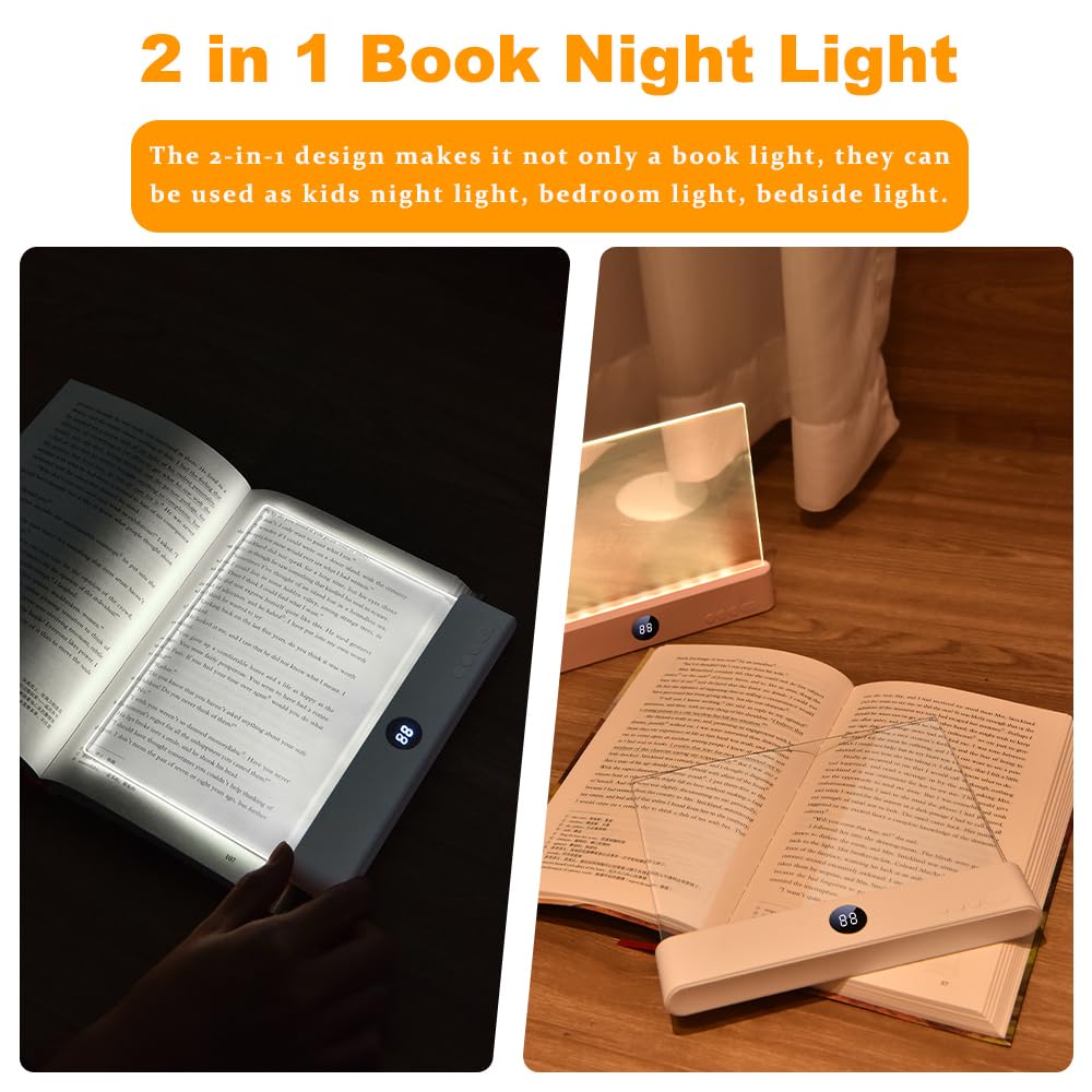 Book Light  Rechargeable Clear Led Flat Reading Light With 3 Colors & Timer  Dimmable Panel Plate Lamp Book Full Page Light For Reading In Bed At Night  Funny Gifts For Readers Kids Women Men (White)