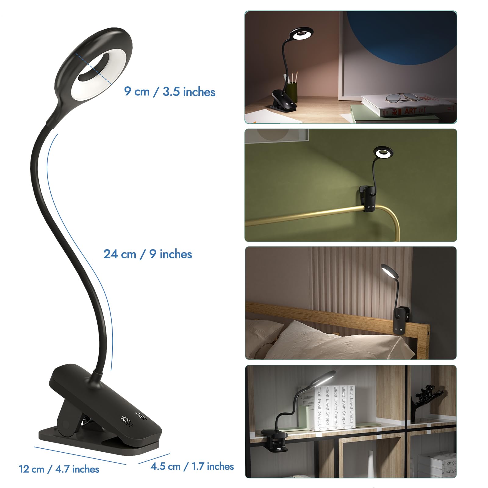 CUHIOY Book Reading Light, Dimmable Clip-On, 3 Colors & Brightness Levels, Flexible Arm, Round Head, Black, Model PH500