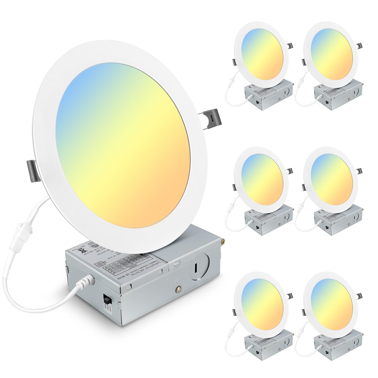 Elaruslux 6 Pack 7 Inch 3CCT Ultra-Thin LED Recessed Light with Junction Box, 3000K/4500K/6000K Selectable, 18W Eqv 125W, Dimmab