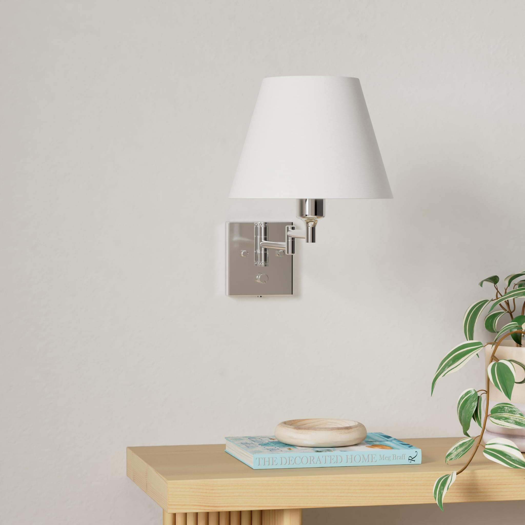 TRLIFE Wall Sconce Set of 2, Dimmable Brushed Nickel Swing Arm Lights, Medium White Fabric Shade, Model BYsconce-M-Whi