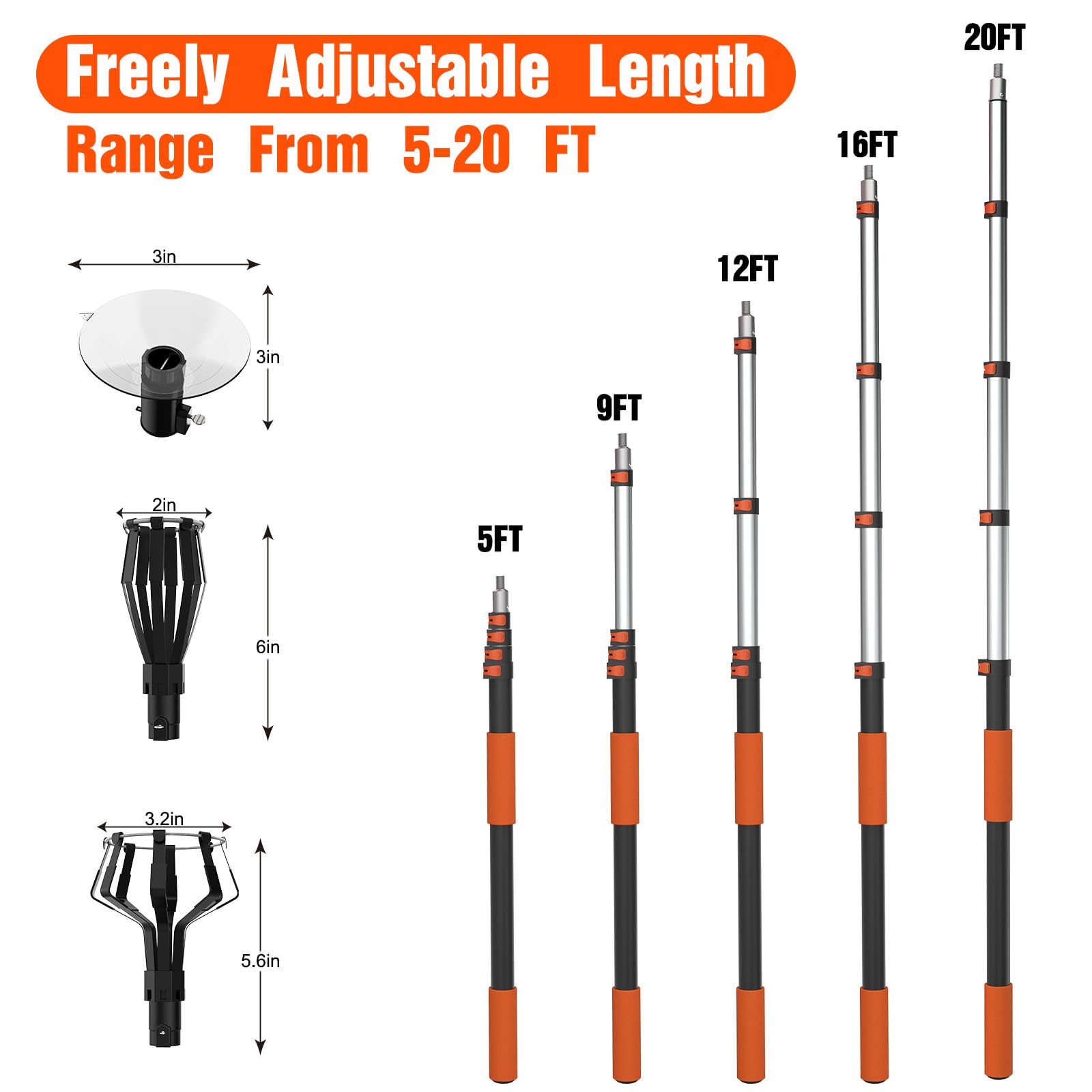 LAANPOLE 26FT Reach Light Bulb Changer with Suction Cup & Baskets, Orange, Aluminum, Model 001 for High Ceilings and Recessed Lights