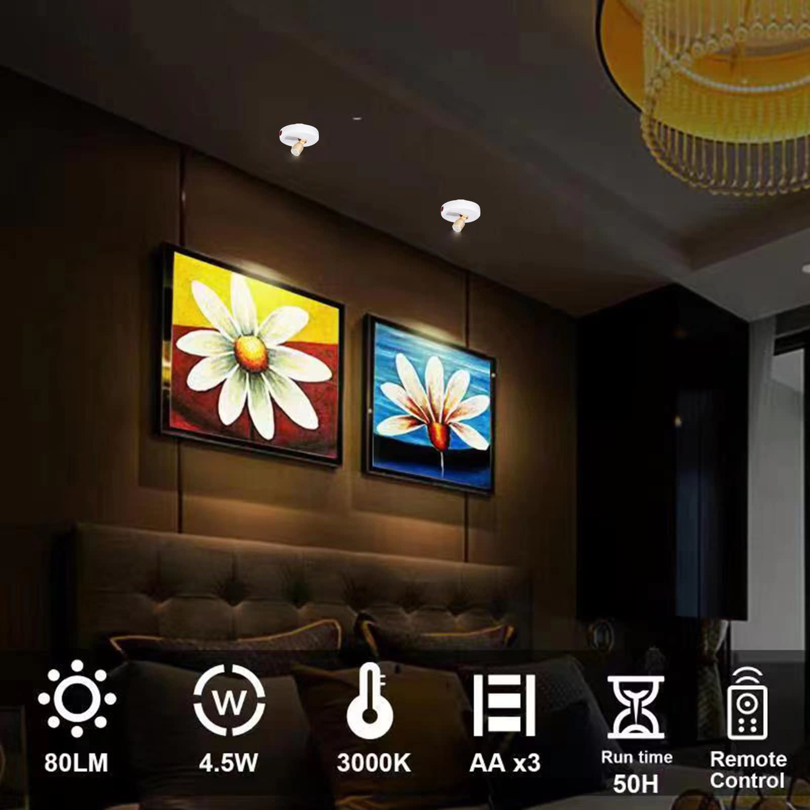 Hamvidne Led Spotlight, Battery Powered Picture Lights, Uplighting Indoor, Puck Lights With Remote, Stick Spot Lights For Wall Display Picture Dartboard Painting Artwork Accent Closet-4Pack