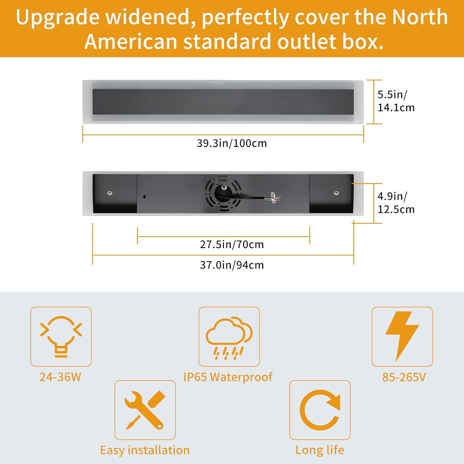 Daoseolo 39.3" Dimmable LED Wall Sconce - Modern Outdoor Light, IP65 Waterproof, Remote Control, Acrylic - 2 Pack