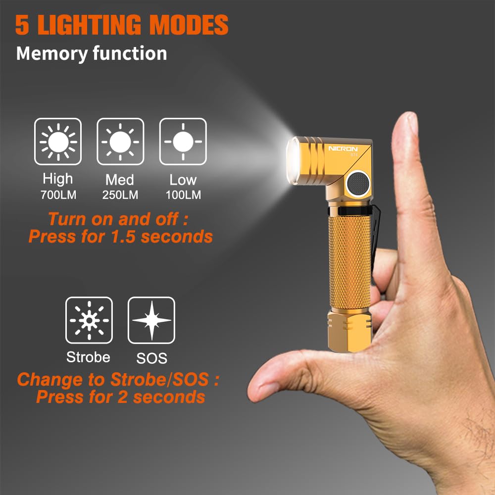 NICRON Flashlight 700 Lumens 90 Degree Rechargeable IP65 Waterproof LED Small Type Gold Model B74-gold