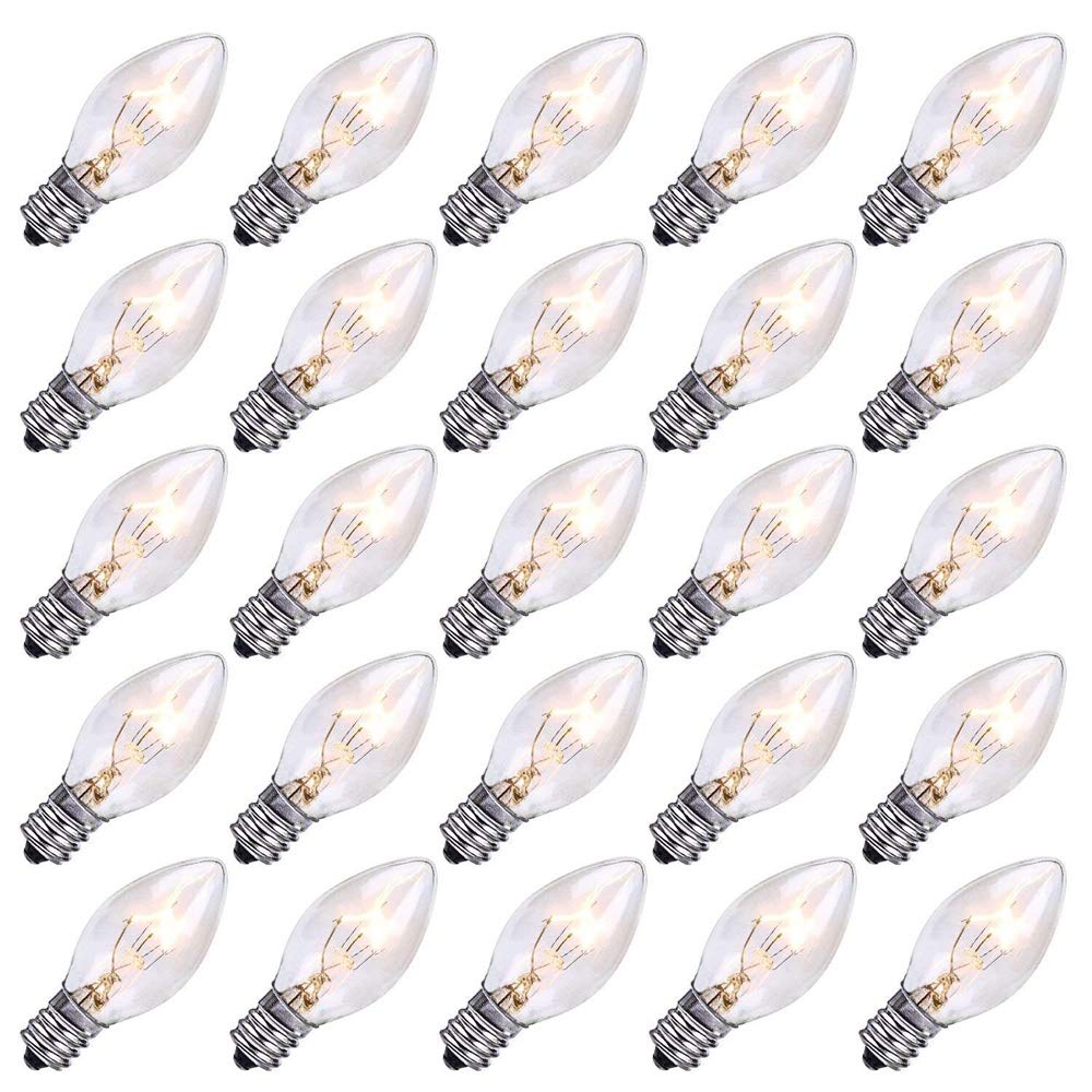 Sunsgne 25 Pack C7 Clear Replacement Bulbs Christmas Light Bulbs, Outdoor Patio String Light Bulbs, C7 Night Light Replacement B