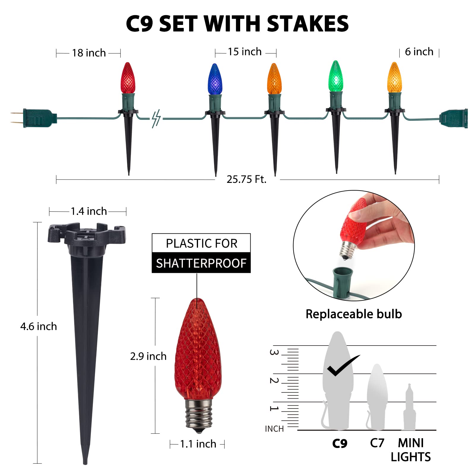Brightown C9 Christmas Pathway Lights, 25.7ft, 20 LED Multicolor, Shatterproof with Marker Stakes, Model GYPI-O25LAU