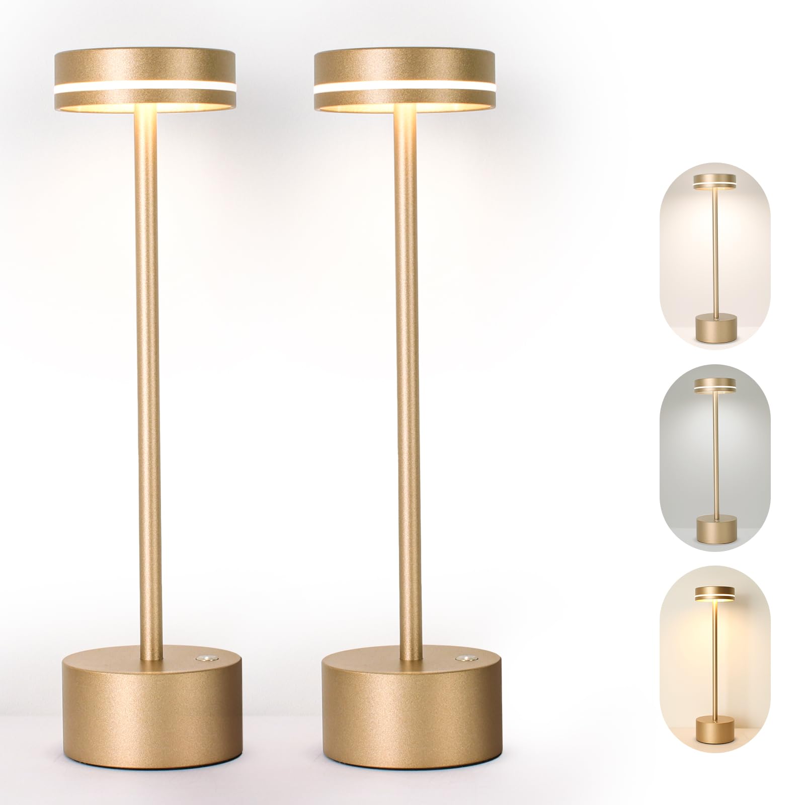 2 Pack Cordless Table Lamp Rechargeable, 3 Way Dimmable Touch Lamp & 5000mAh Long Battery Time, Portable Small Metal Light for R