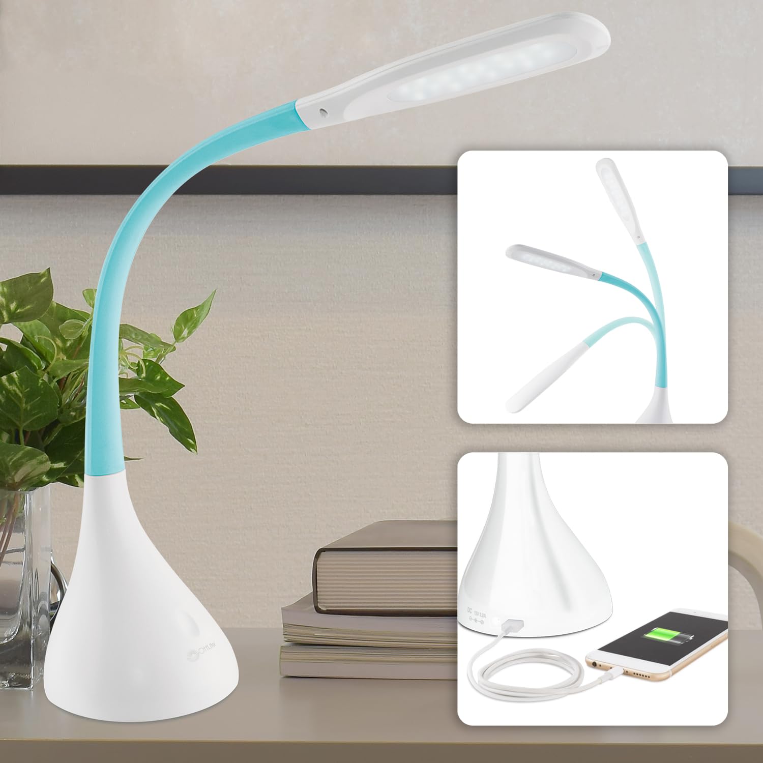 Ottlite Creative Curves Led Desk Lamp W/Usb, Clearsun, White W/Turquoise, Shipper