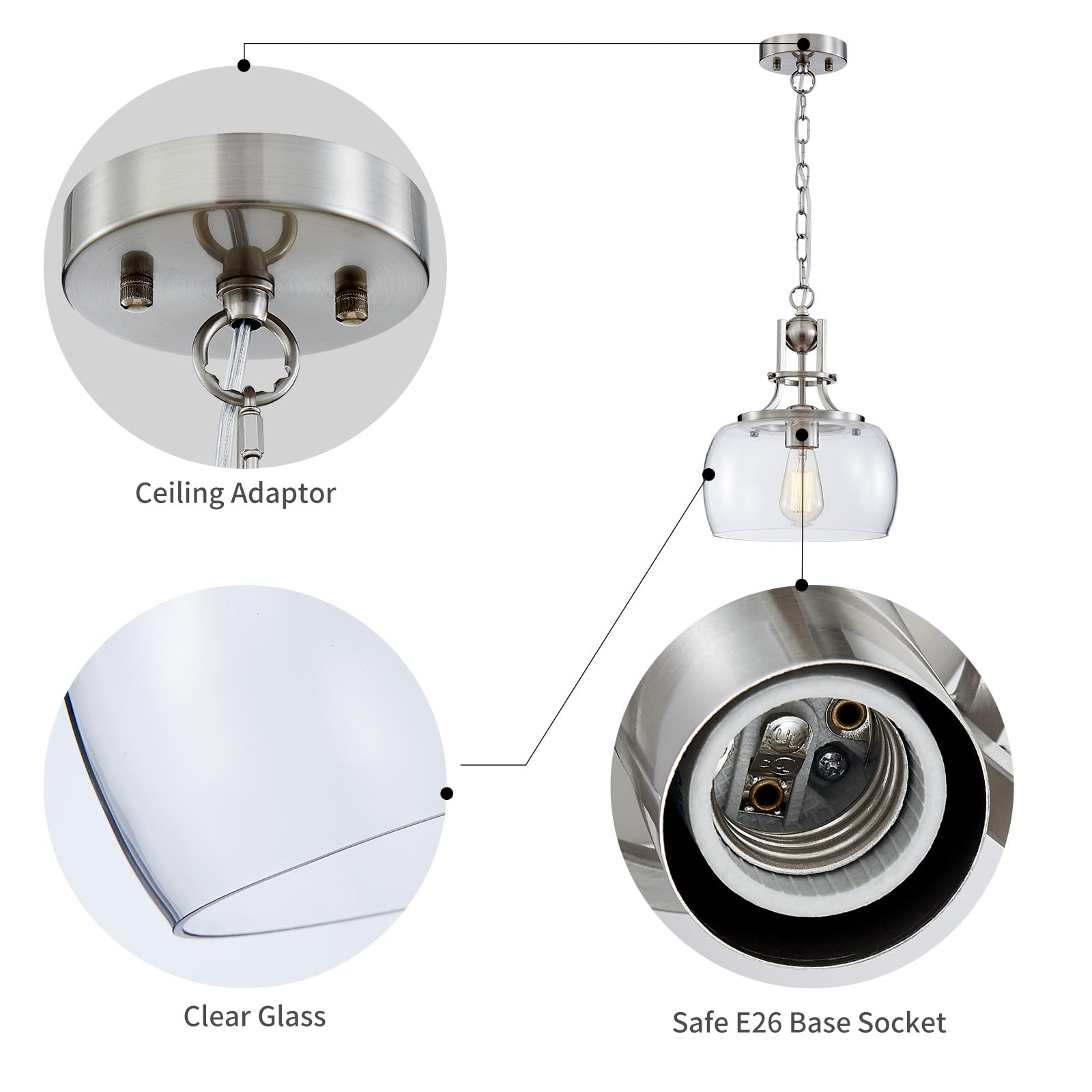 Wuzups Rustic Farmhouse Chandelier, Brushed Nickel Led Pendant Light With Glass Shades, 10&quot; Wide