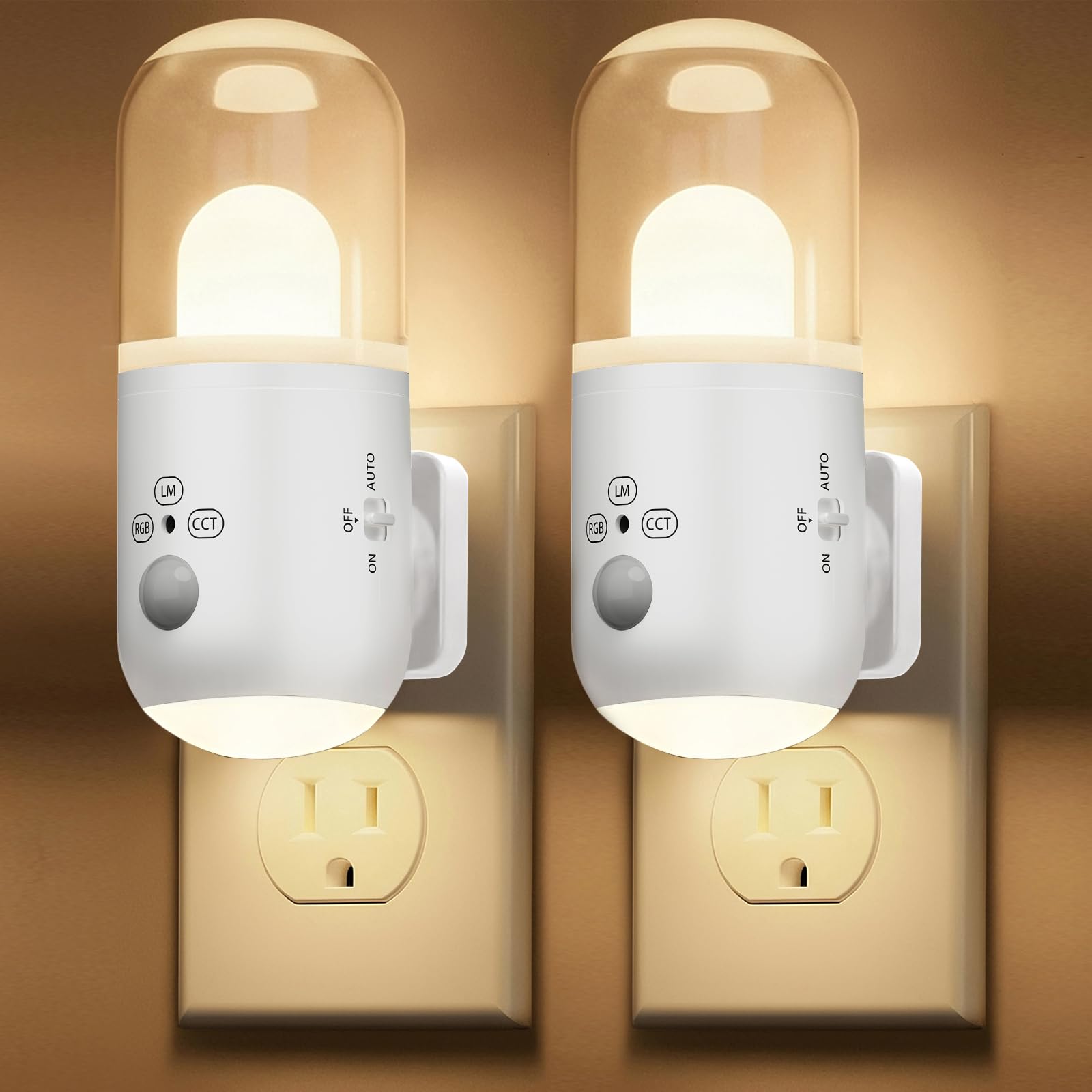 KIMIONE Night Light Plug into Wall with Motion Sensor & Dusk to Dawn Sensor, 3 Color Temperatures,RGB 8 Modes, 5-Level Dimming (