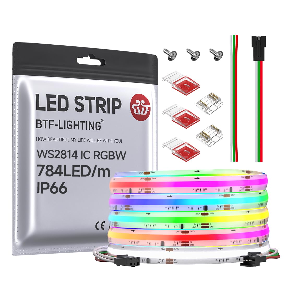 Btf-Lighting Fcob Ip66 Cob Led Strip Ws2814 Ic Rgbw 6000K 24Ft 784Led/M Dc24V Flexible High Density Color Chasing Light 10Mm Width For Home Indoor Decor(No Adapter Or Controller)