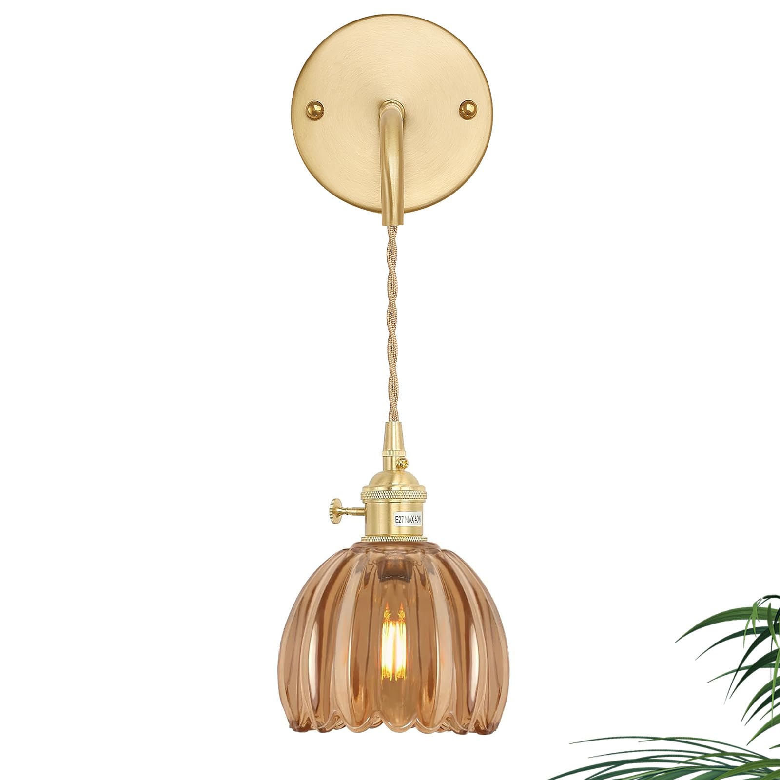 Shenmoyl Vintage Wall Sconce Wall Lamp Amber Tulip Shade Pattern Glass Adjustable Chain Retro Gold Wall Mounted Light, Wall Lamp Fixtures Decor For Bedside Bedroom Indoor Doorway
