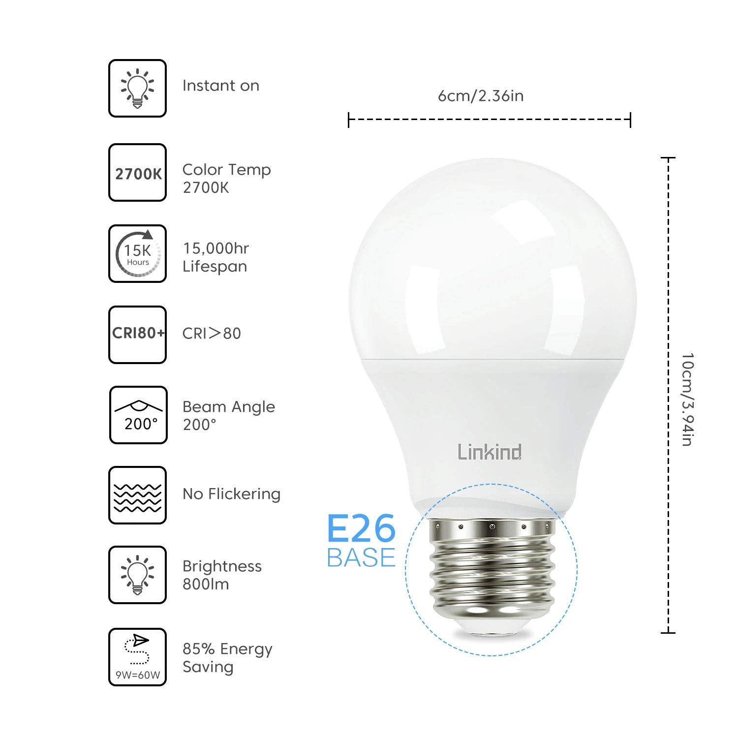 Linkind A19 Led Light Bulb, 60W Equivalent Light Bulbs, 9W 2700K Soft White, 800 Lumens Non-Dimmable Led Bulb, E26 Standard Base