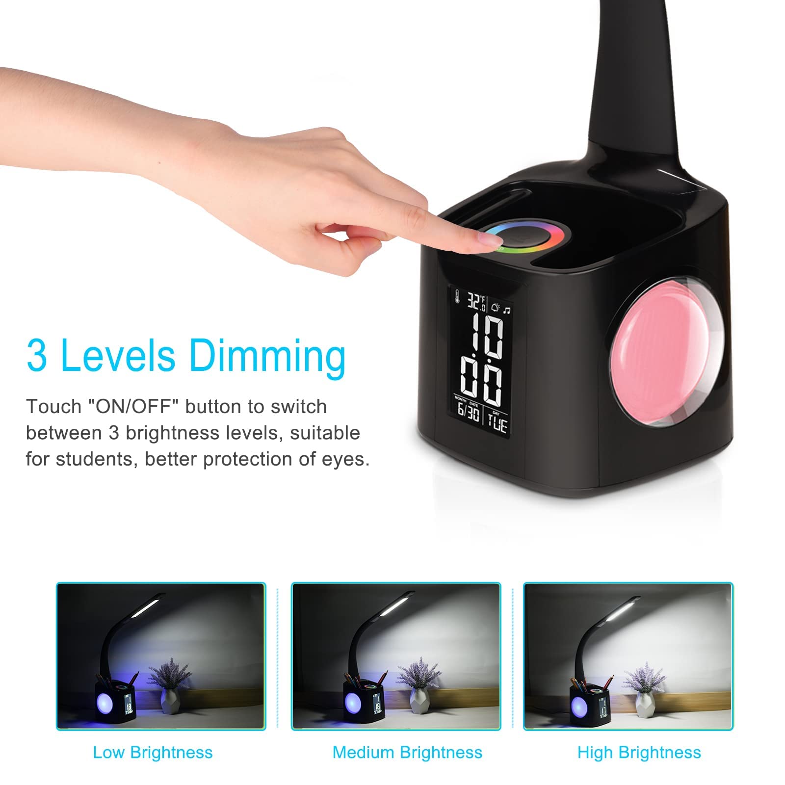 wanjiaone LED Desk Lamp with Clock, USB Charger, Pen Holder, Model T188, Black