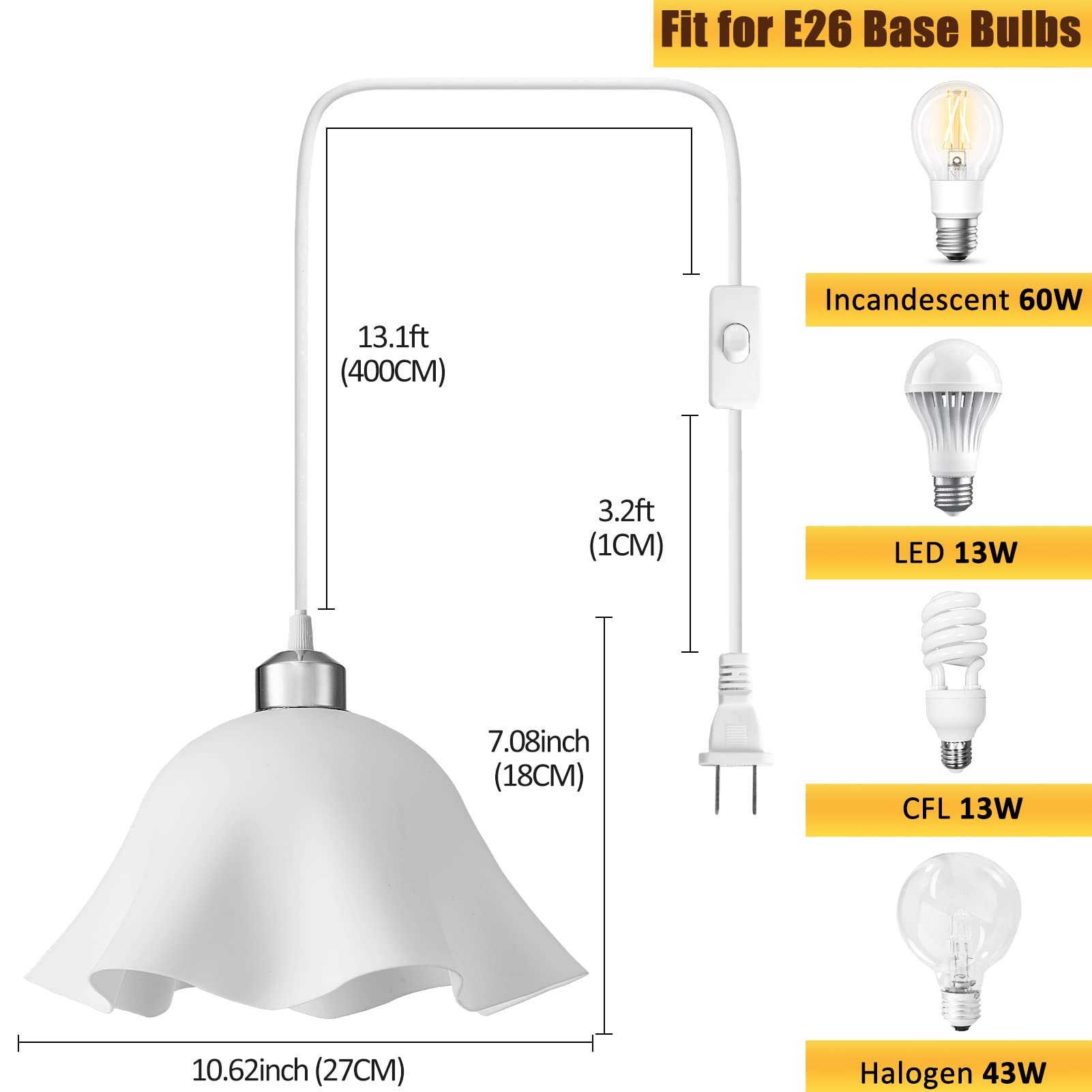 Plug In Pendant Light, 2 Pack Hanging Lights With Plug In Cord, Hanging Lamp With15Ft Cord, On/Off Switch, Frosted Plastic White Shade, Plug In Hanging Ceiling Lights For Bedroom, Living Room