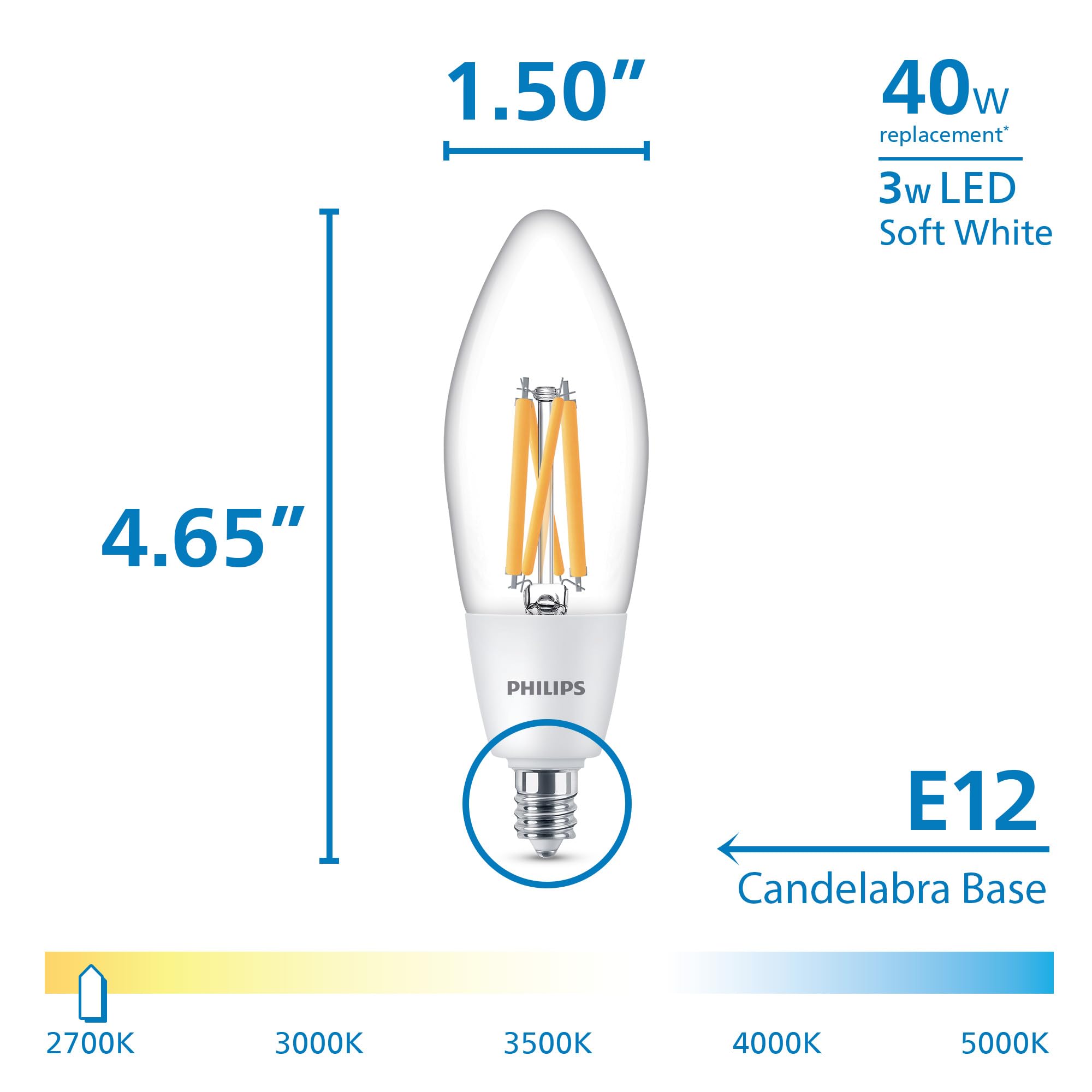 Philips Led B12 Candelabra Led Light Bulbs - Flicker-Free 40W Light Bulbs With Eyecomfort Technology - Soft White 2700K Lightbul