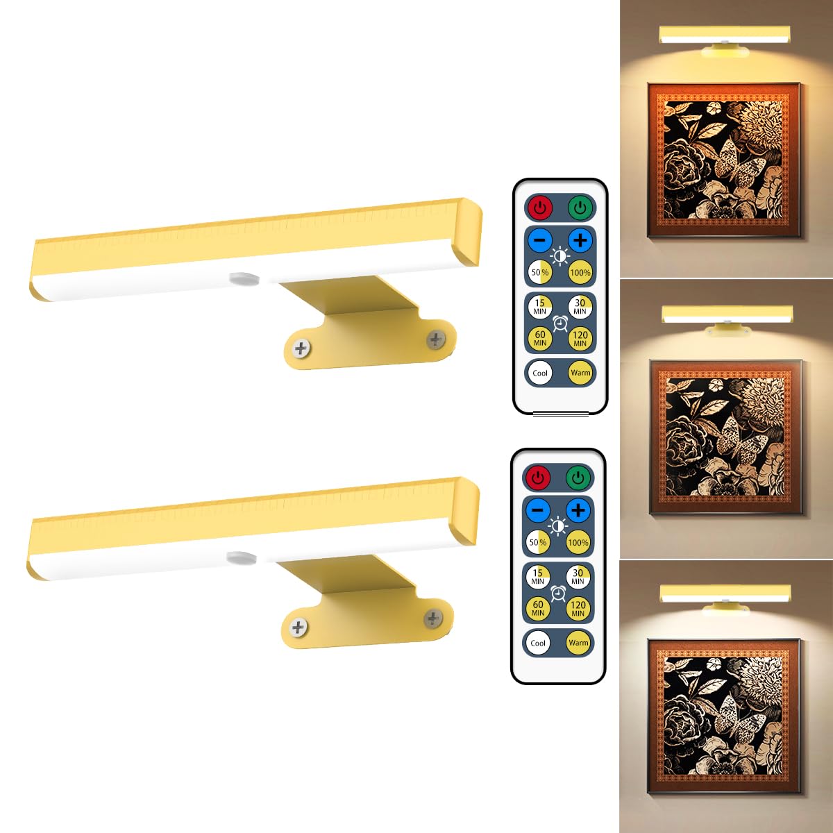 2Pack Wireless Picture Light with Remote,Battery Operated Wall Sconces for Wall Decor,3 Color Timer&Dimmable Paintings Light LED