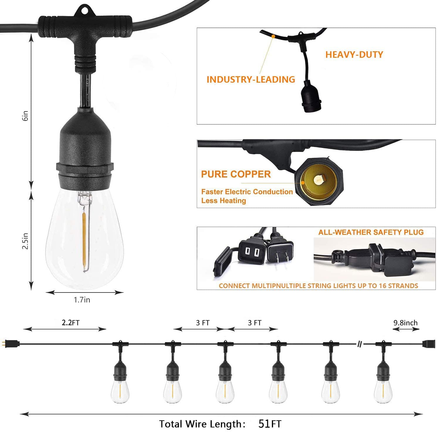 Meidaoduo Outdoor String Lights For Outside 48Ft With 15+1 2700K Led S14 Shatterproof Bulbs For Patio Back Yard Porch, Linkable
