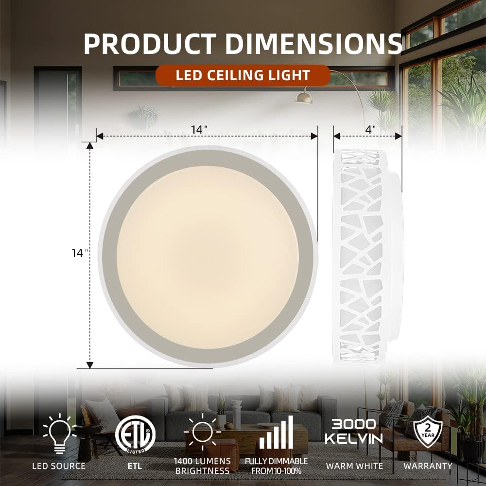 VICNIE LED Flush Mount Ceiling Light 20W 1400 Lumens 14 Inch Dimmable White Acrylic Shade Model XDB-002-20W-1