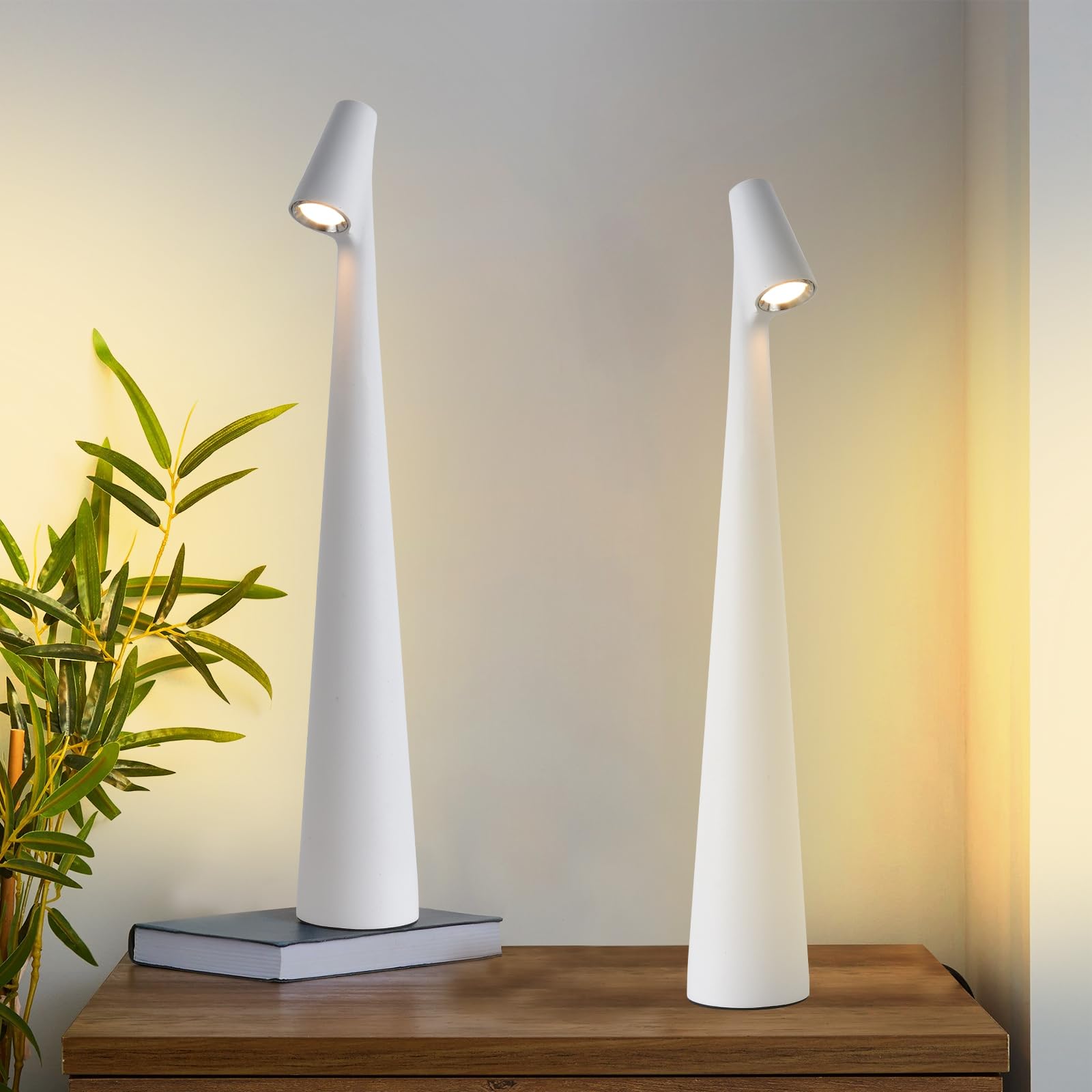 Hebangya Cordless Table Lamps Set of 2, Rechargeable, 3 Levels Brightness, Aluminum, White