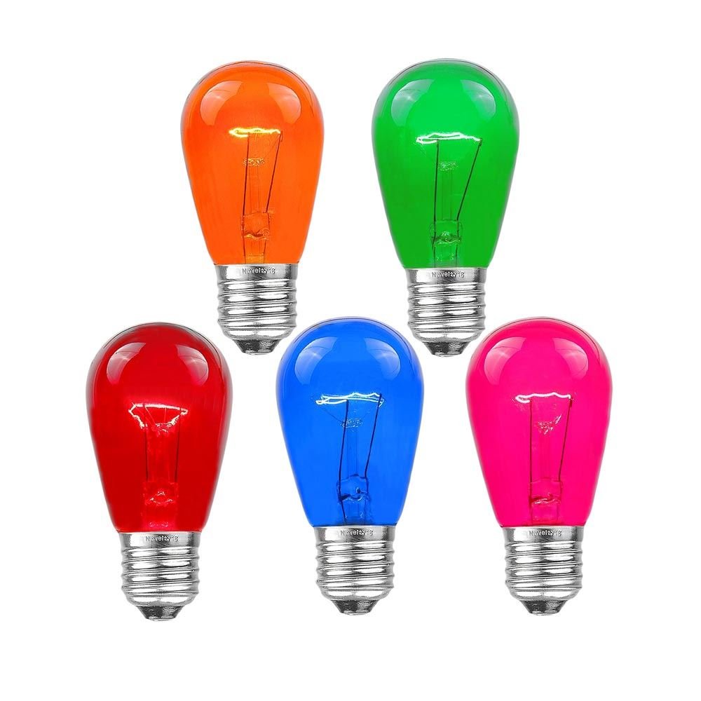 Novelty Lights S14 Outdoor Patio Edison Bulbs, 25 Pack, E27 Medium Base, Multi Color, 11 Watt, Glass