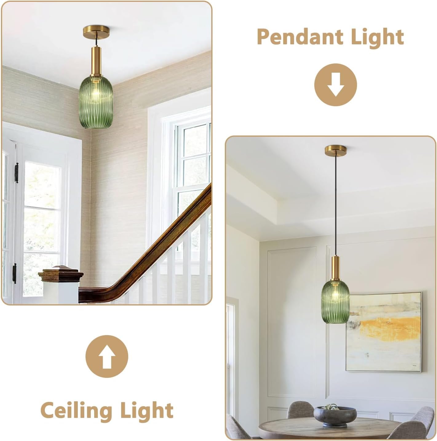 KCO Green Ribbed Glass Pendant Light, Antique Brass, 13cm, Model L1164-G, Mid Century Modern Hanging Fixture