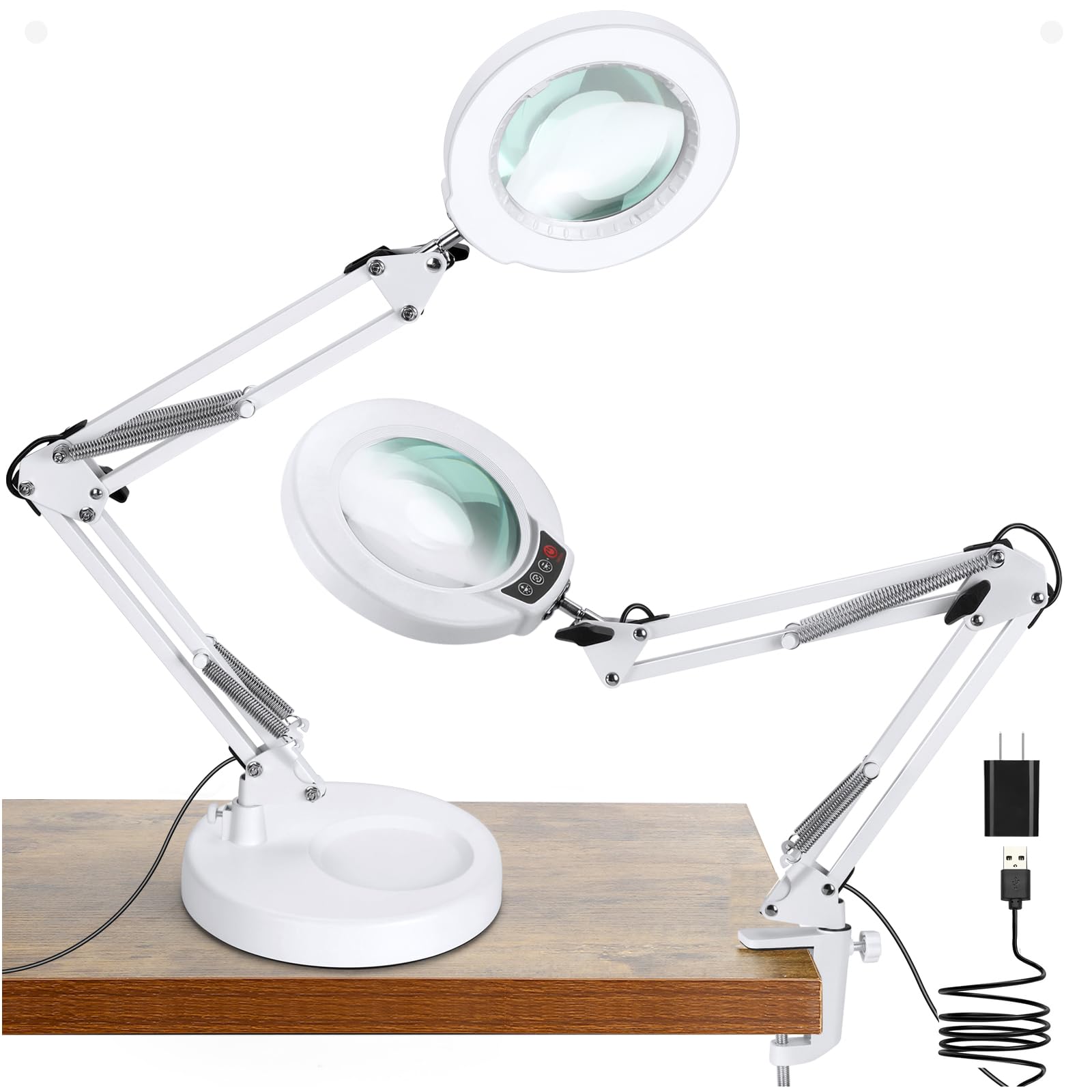 10X Magnifying Glass with Light and Stand, 5 Color Modes Stepless Dimmable 2-in-1 Lighted Magnifier with Clamp, LED Desk Lamp Ha