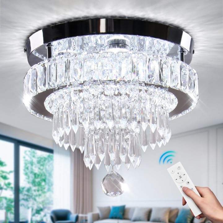 Cainjiazh 11.8" Dimmable Crystal Chandelier Modern Crystal Chandelier Flush Mount Ceiling Light Lamp Fixture For Dining Room Living Room Bedroom Hallway Remote Control