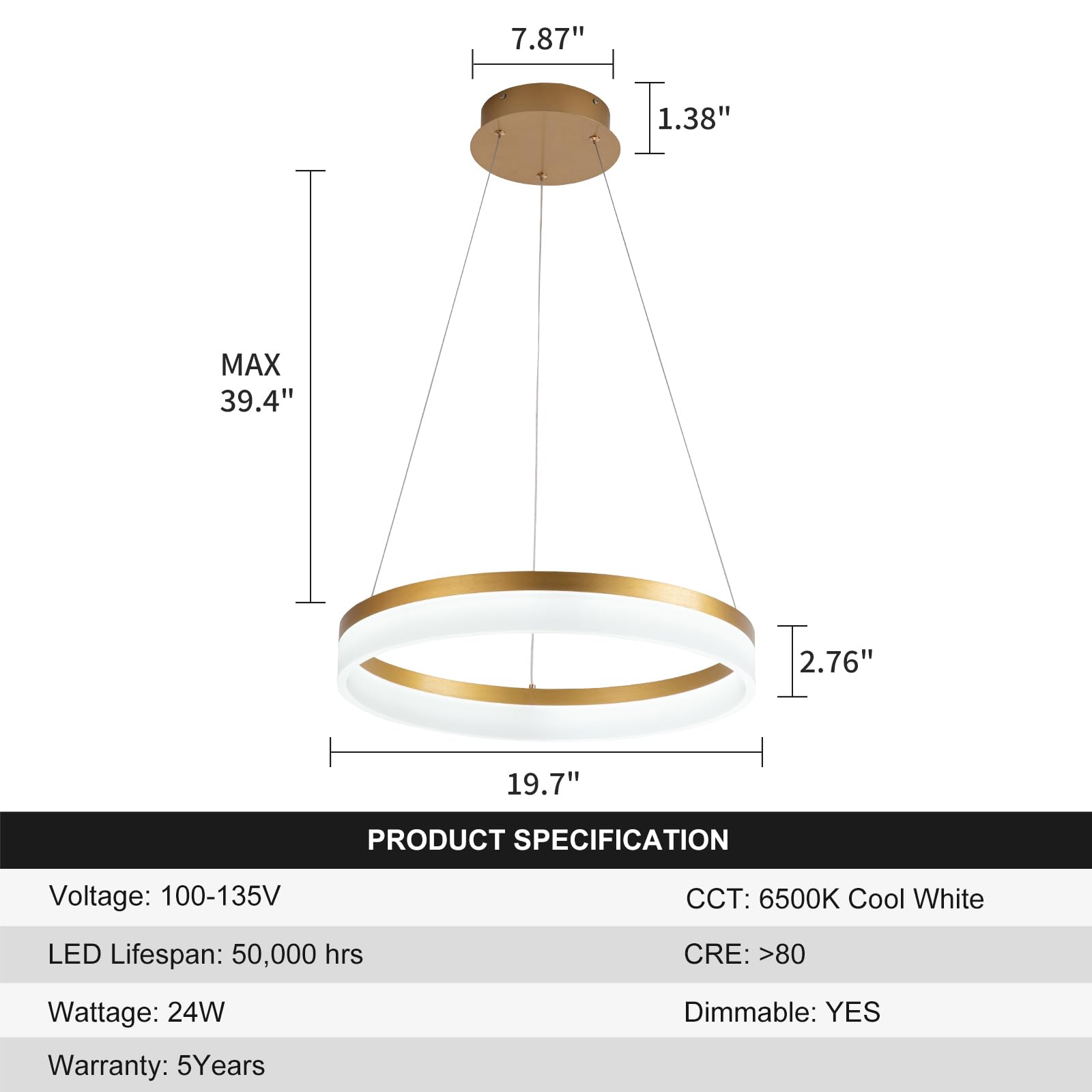 Buccleuch Dimmable Led Chandelier, Modern Gold Chandelier For Dining Room Light Fixture Over Table, 19.7 Inch Modern Pendant Lig