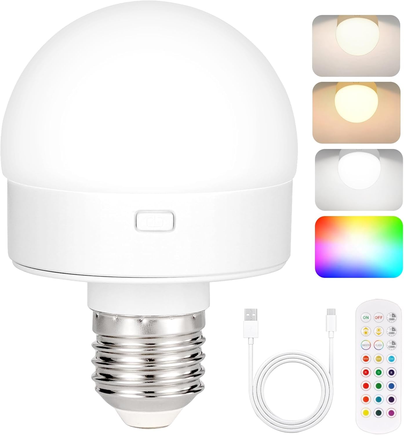 Yochoice Rechargeable Battery Operated Light Bulb with Remote Control,350LM Dimmable Detachable LED Bulb with 15 Colors Selectable & 3 Timer, Wireless Puck Light Bulb for Wall Sconce, Non-Hardwired