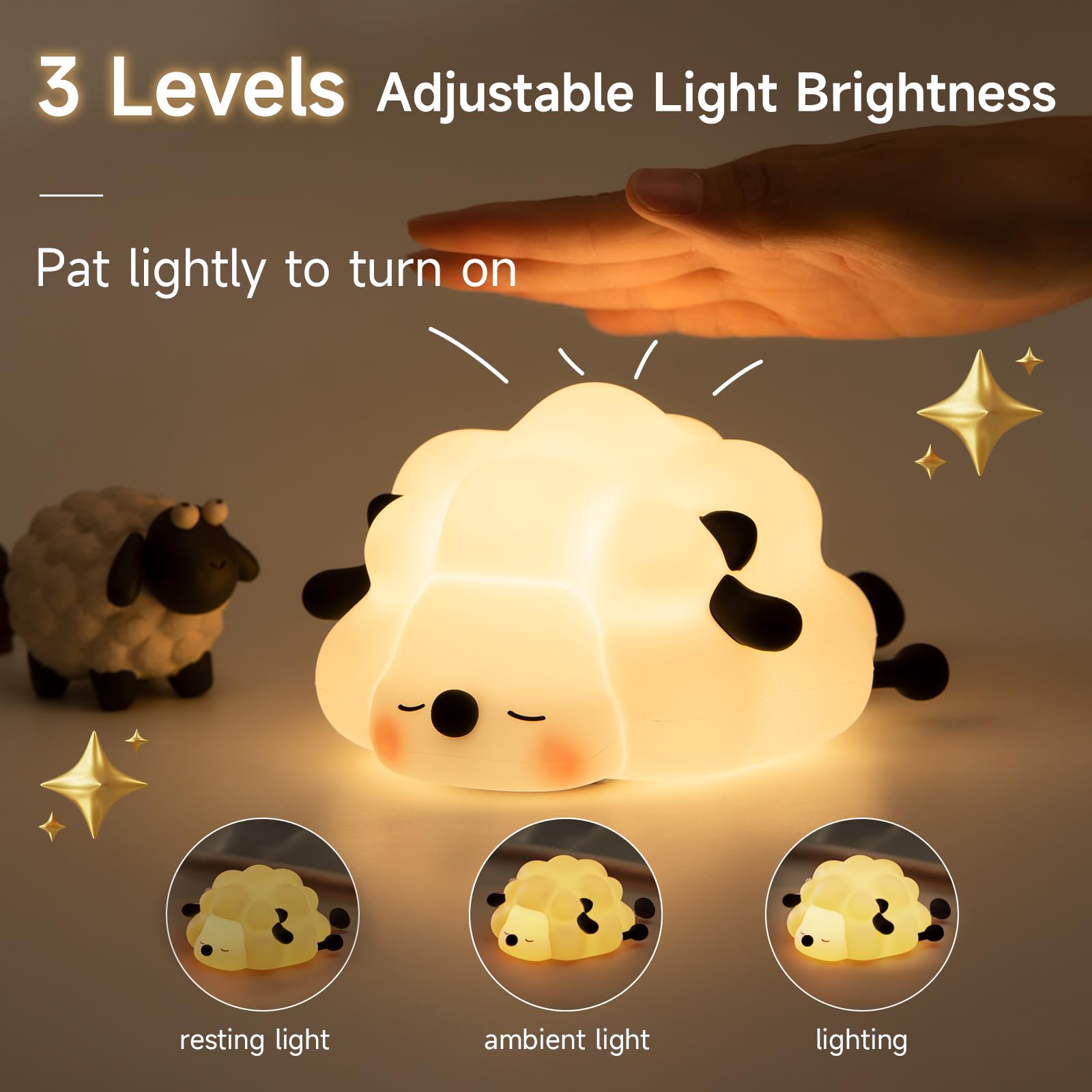 NesveCit Rechargeable LED Night Light for Kids, Dimmable Silicone Touch Lamp, Black Baby Sheep with 30 Min Timer for Nursery Décor
