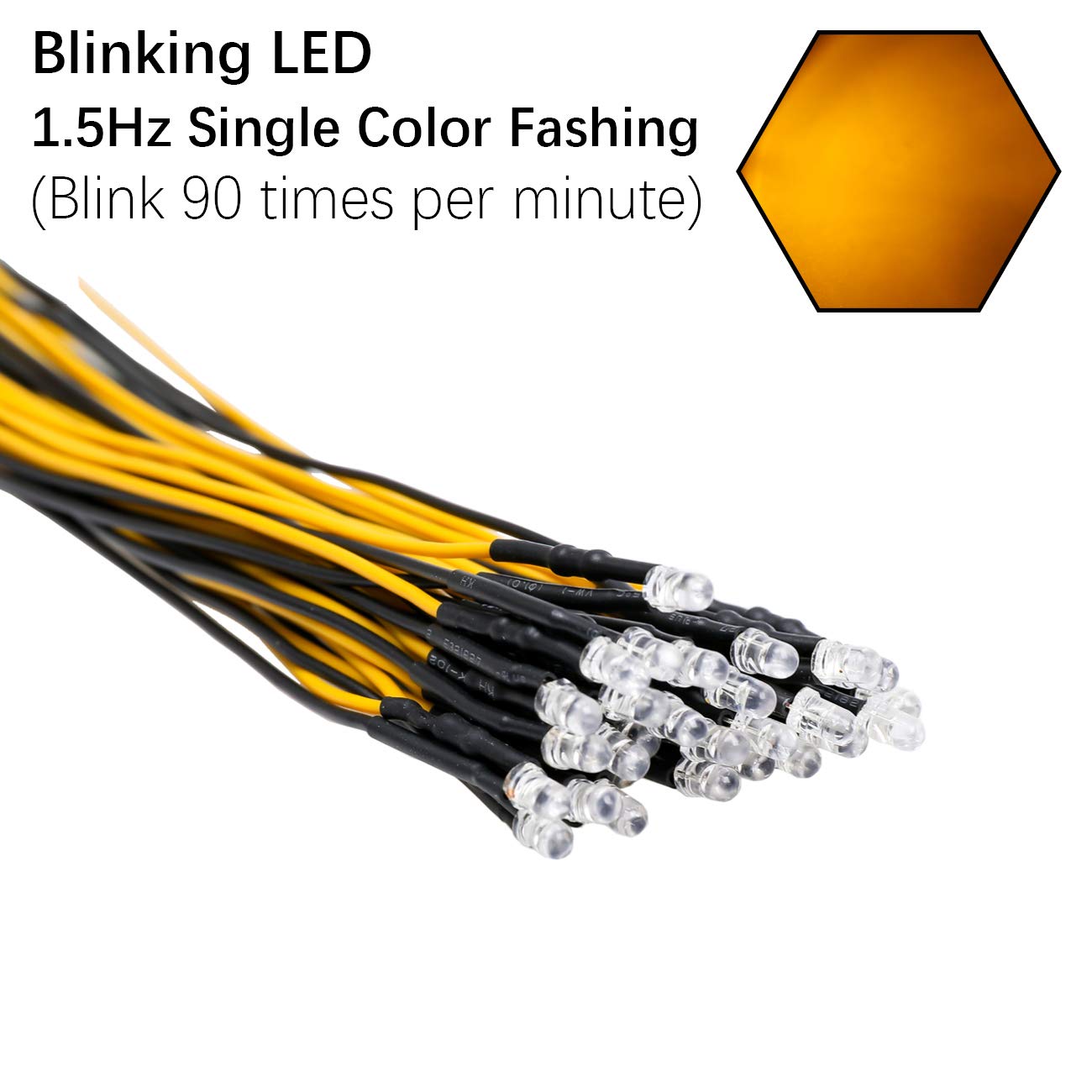 Edgelec 30Pcs 12 Volt 3Mm Yellow Blinking Led Lights Emitting Diodes (1.5Hz Single Color Flashing) Pre Wired 7.9 Inch Dc 12V Led